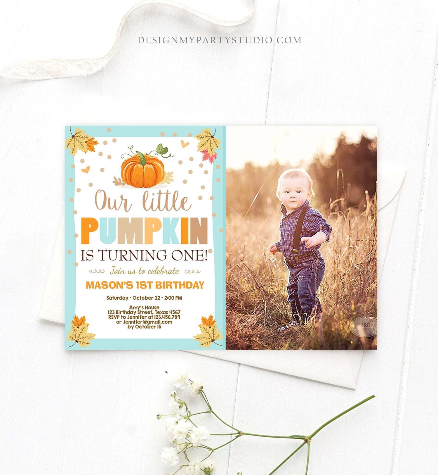Editable Little Pumpkin Birthday Invitation Boy Blue Pumpkin Party 1st Birthday Fall Autumn Party Download Printable Template Corjl 0055