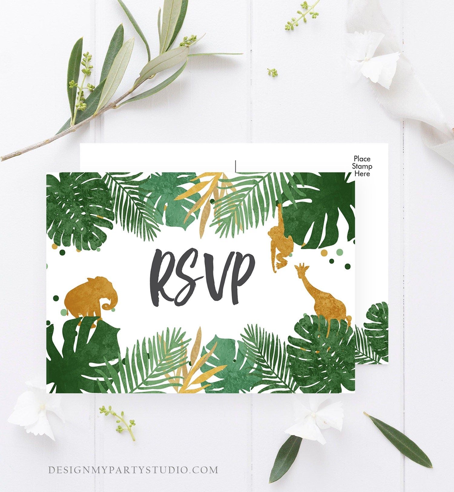 Editable RSVP Card Safari Animals Wild One Boy Birthday Party Jungle Wild Animals Black Gold Response Postcard Corjl Template Printable 0016