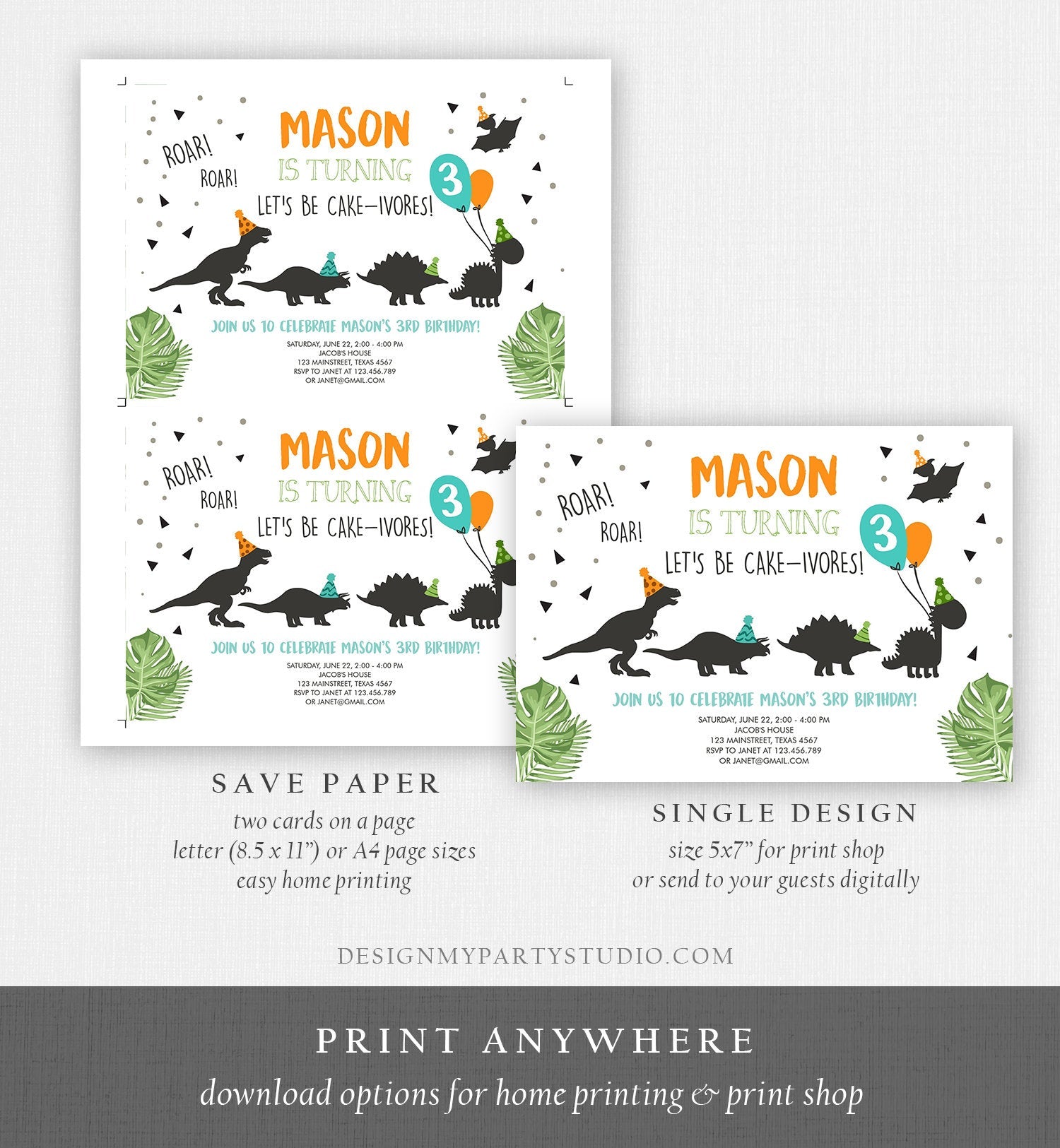 Editable Dinosaur Birthday Invitation Dinosaur Party Hats Dig Party Cakeivores Dino Boy 1st Download Printable Template Corjl Digital