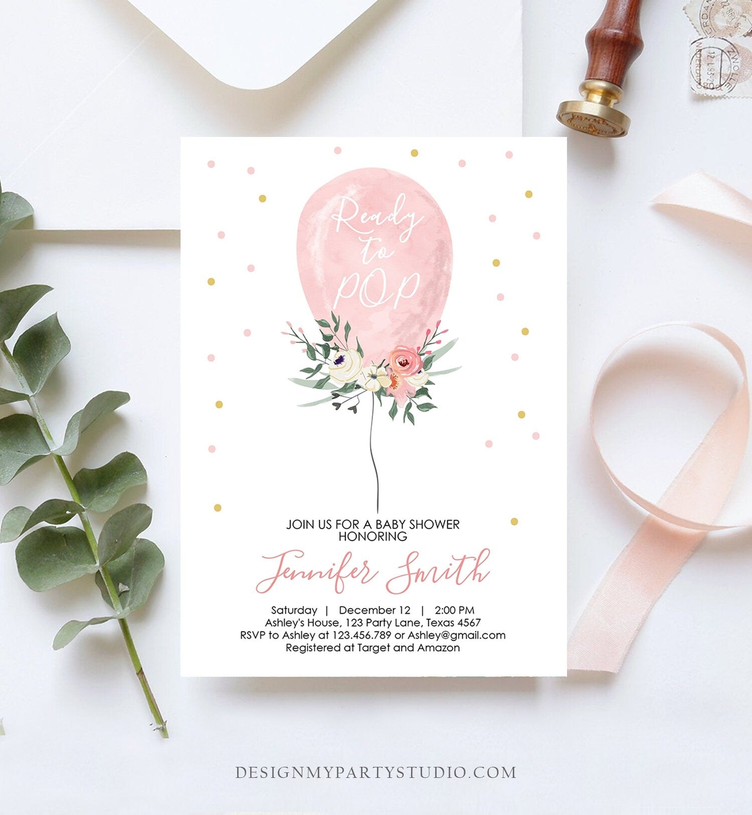 Editable Ready to Pop Baby Shower Invitation Floral Balloon Pink Gold Girl Flowers Instant Download Printable Template Digital Corjl 0221