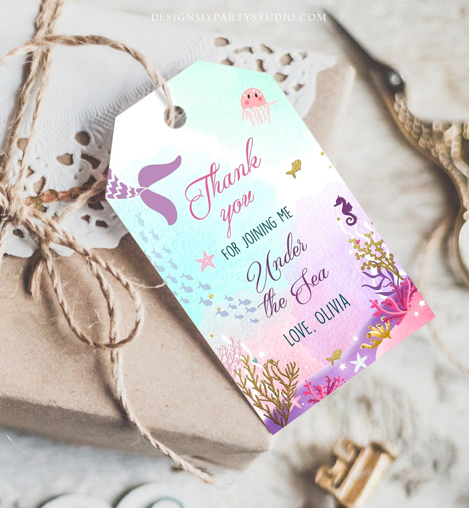 Editable Mermaid Birthday Favor Tags Under The Sea Thank you tags Mermaid Tail Birthday Mermaid tags Girl Pink Template Corjl PRINTABLE 0076