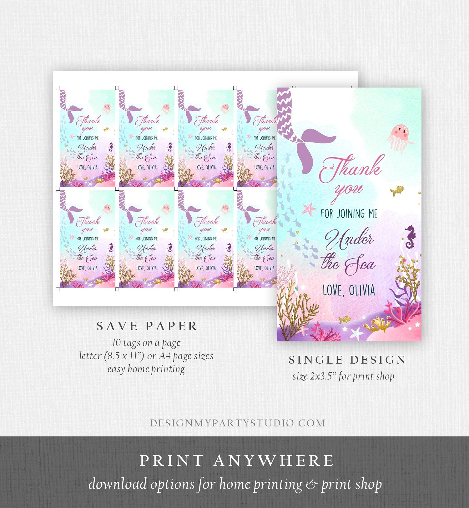 Editable Mermaid Birthday Favor Tags Under The Sea Thank you tags Mermaid Tail Birthday Mermaid tags Girl Pink Template Corjl PRINTABLE 0076