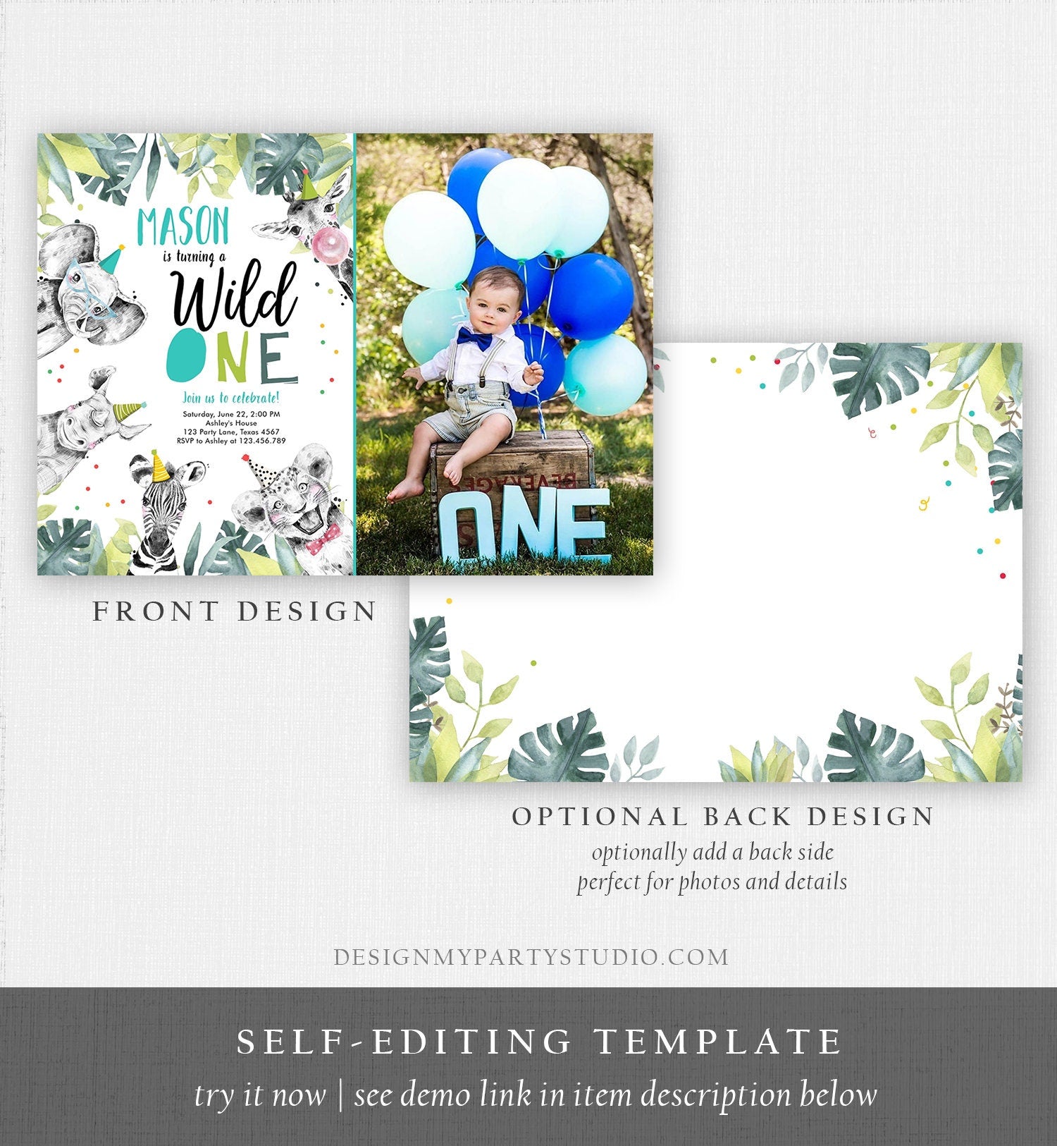 Editable Wild One Birthday Invitation Boy First Birthday Safari Animals Party Animals Born to be Wild Jungle Corjl Template Printable 0322