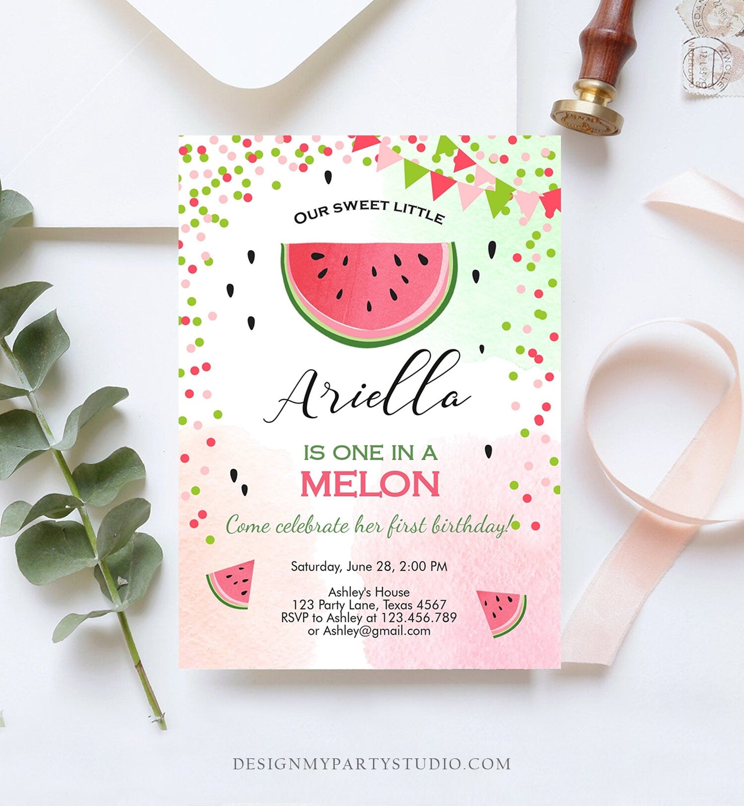 Editable One in a Melon Birthday Invitation Watermelon Invite Melon Party Summer Fruit Girl Download Printable Template Digital Corjl 0093