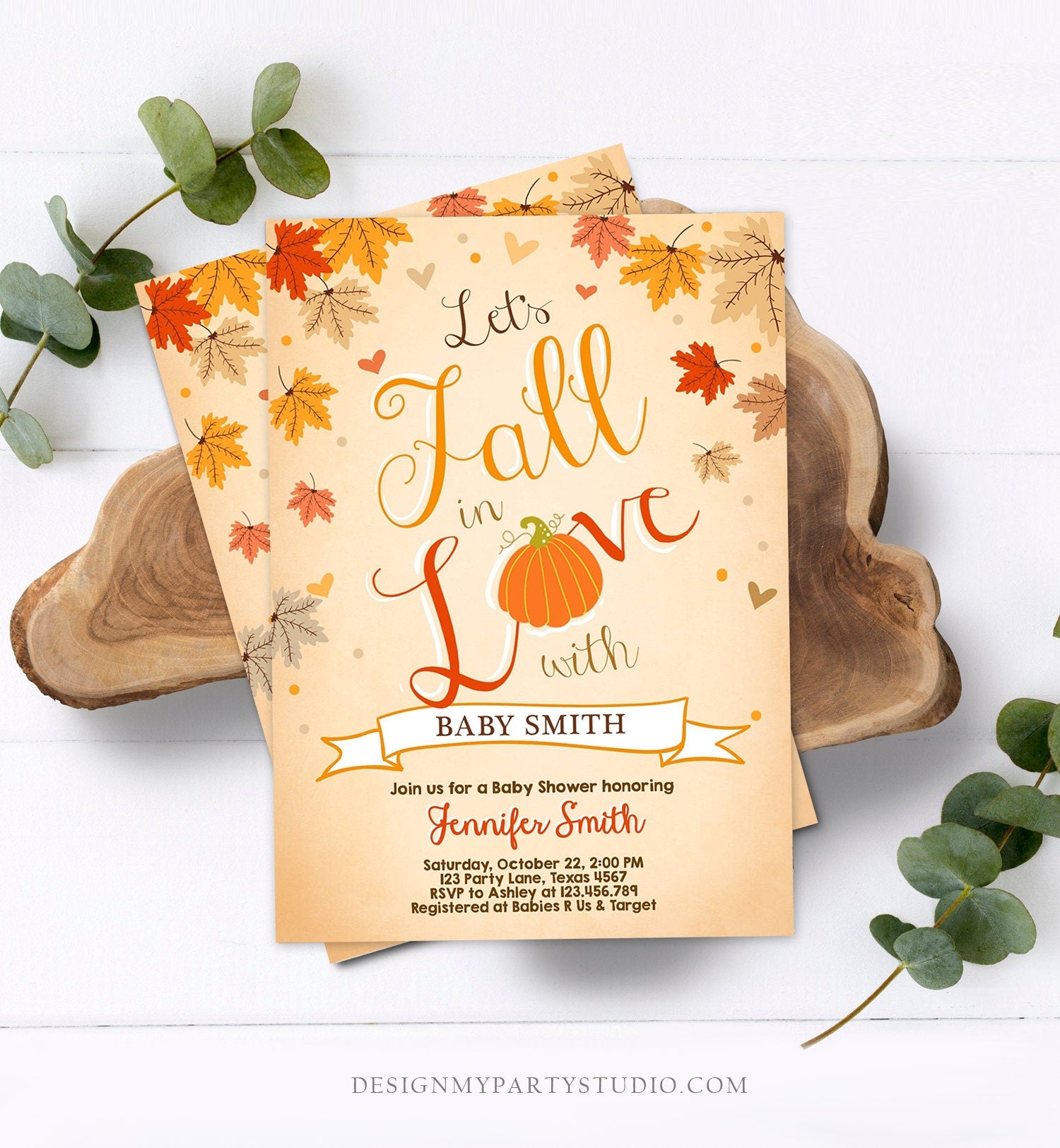 Editable Fall in Love Baby Shower Invitation Little Pumpkin Falling in Love Autumn Leaves Digital Download Printable Corjl Template 0077