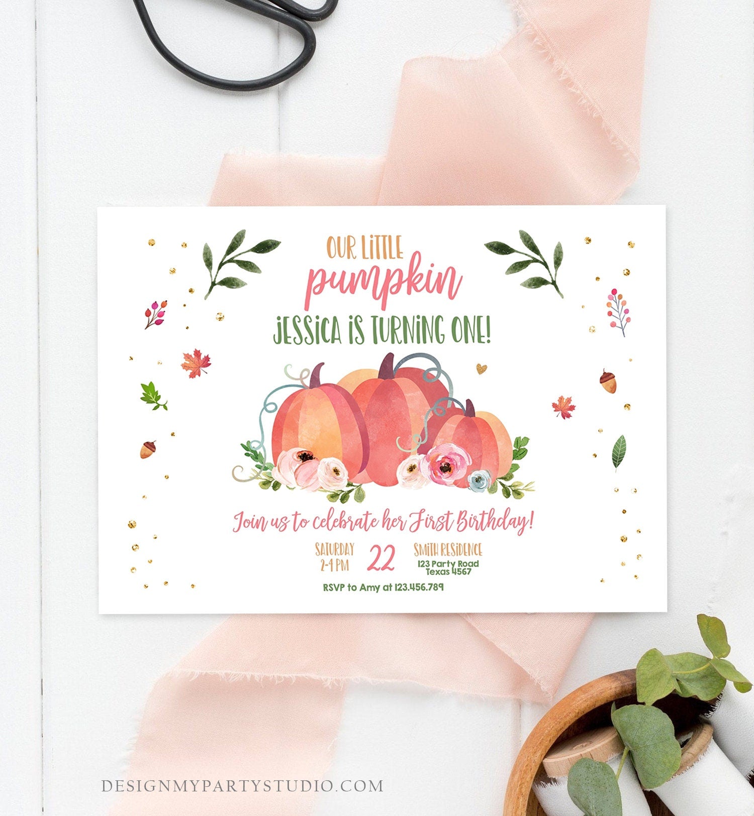 Editable Little Pumpkin Birthday Invitation First Birthday Girl Pink Pumpkin Patch Autumn Fall Party Rustic Printable Corjl Template 0151