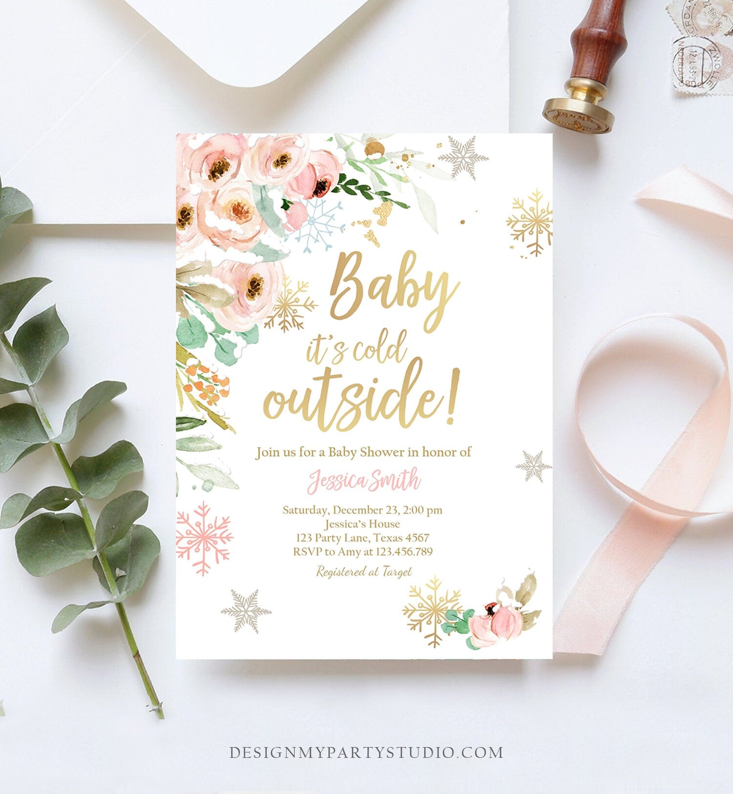 Editable Baby It's Cold Outside Baby Shower Invitation Pink Floral Gold Girl Winter Snow Flowers Download Corjl Template Printable 0184
