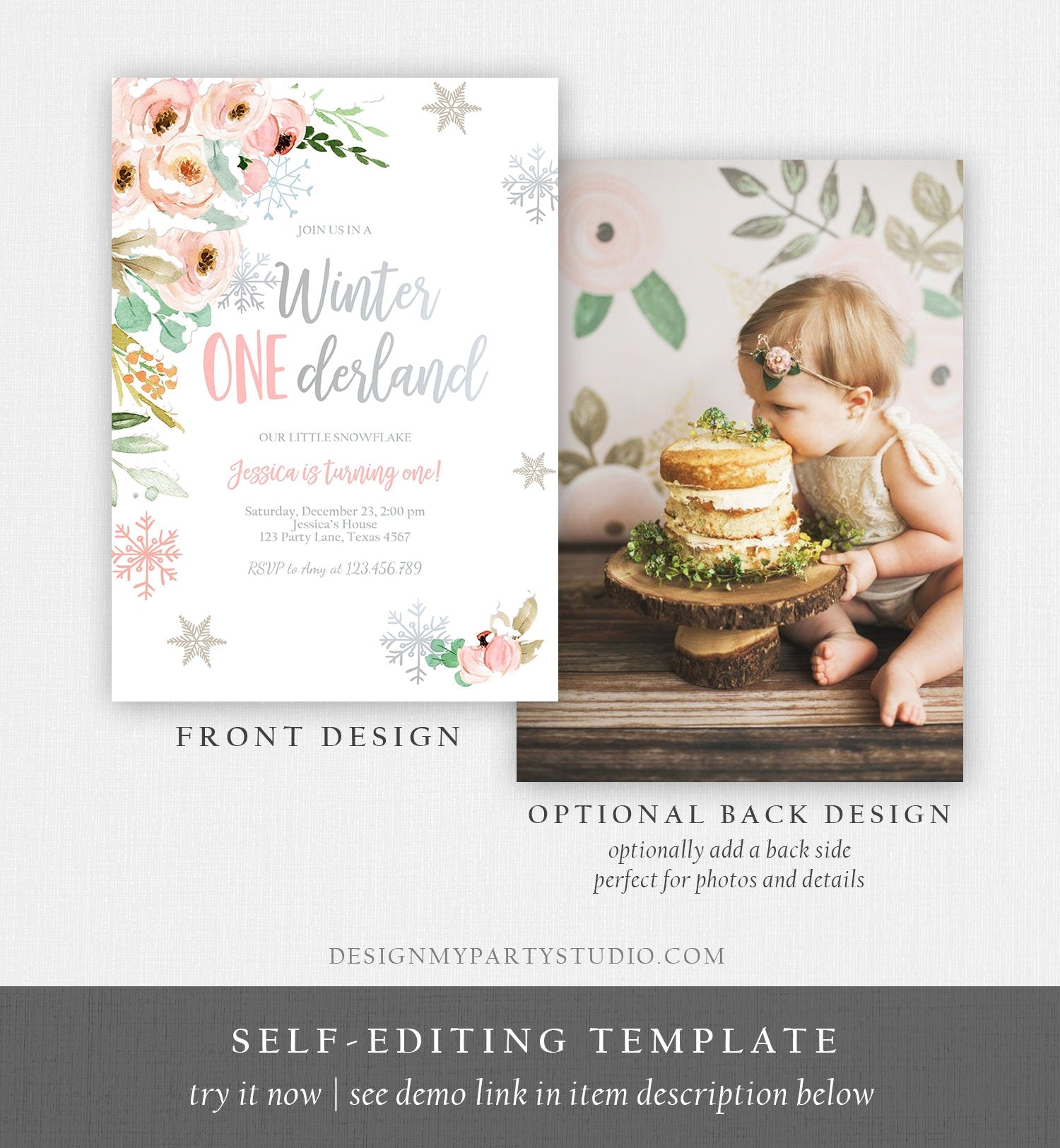 Editable Winter ONEderland Birthday Invitation ANY AGE First Birthday Snowflake Girl Pink Silver Winter Wonderland Corjl Template 0184