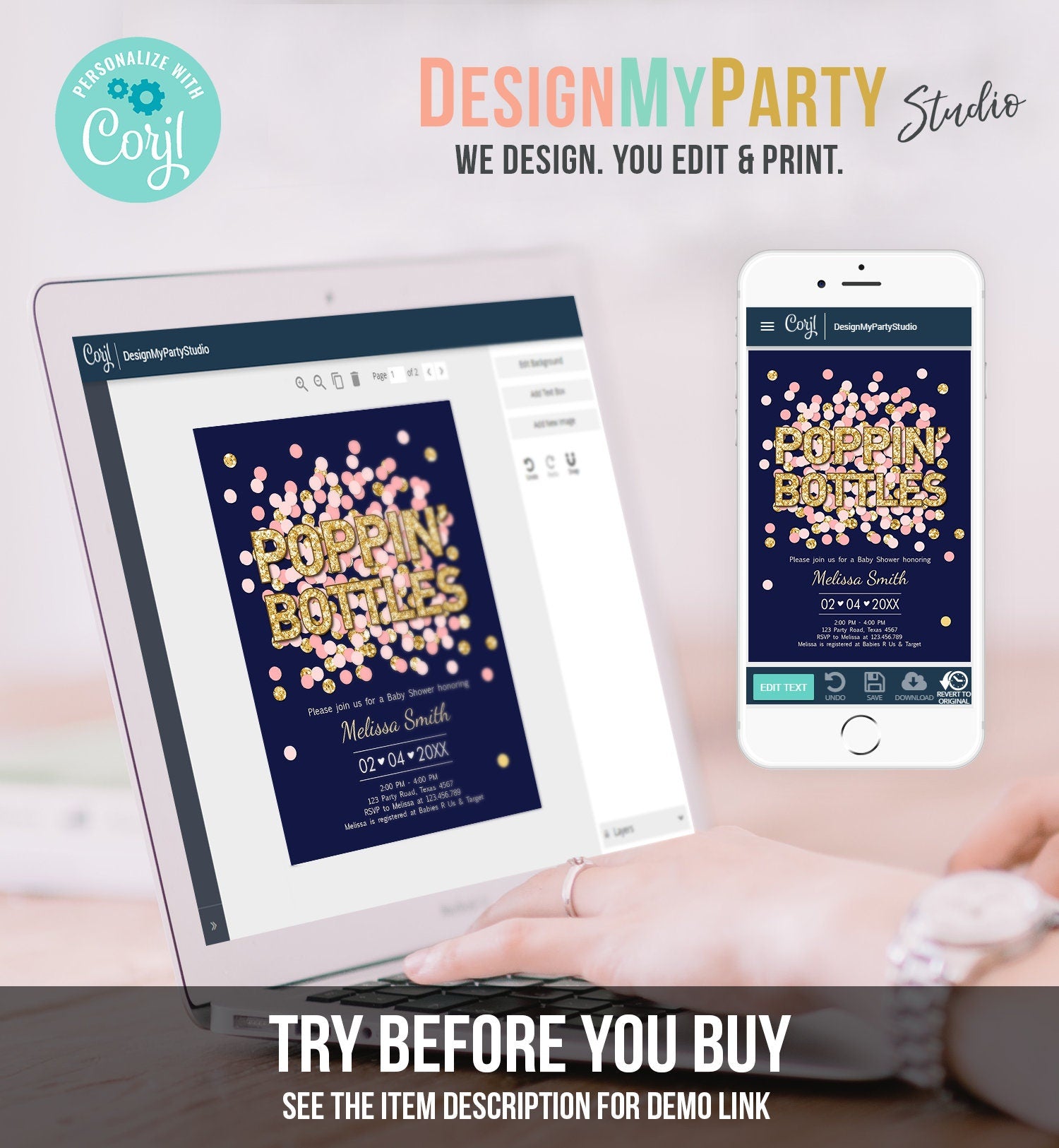 Editable Poppin' Bottles Baby Shower Invitation Navy Blue Confetti Gold Couples Coed Shower Baby is Brewing Corjl Template Printable 0114