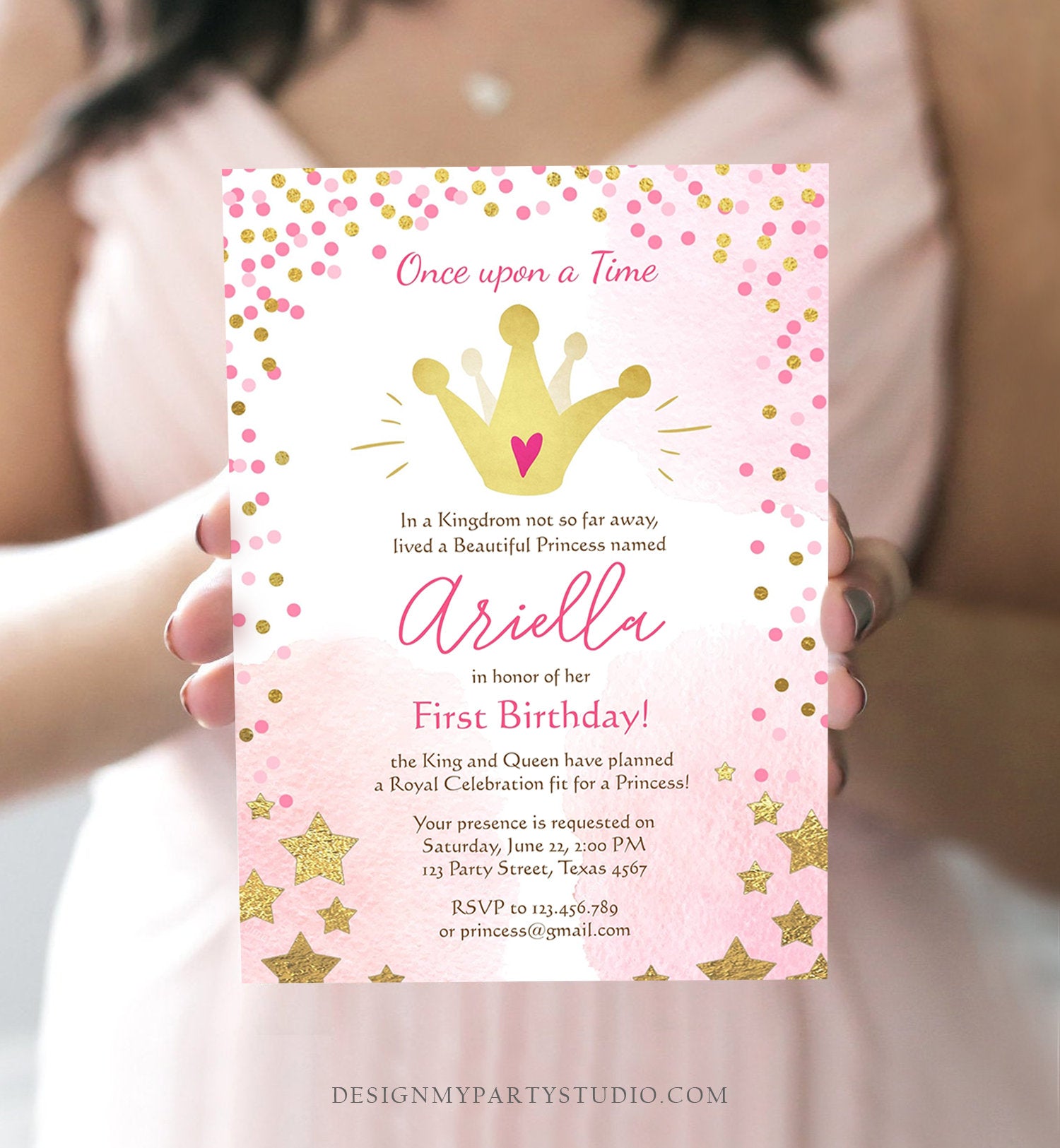 Editable Princesses Birthday Invitation Pink Gold Glitter Confetti Crown Princess First Birthday 1st Download Corjl Template Printable 0232