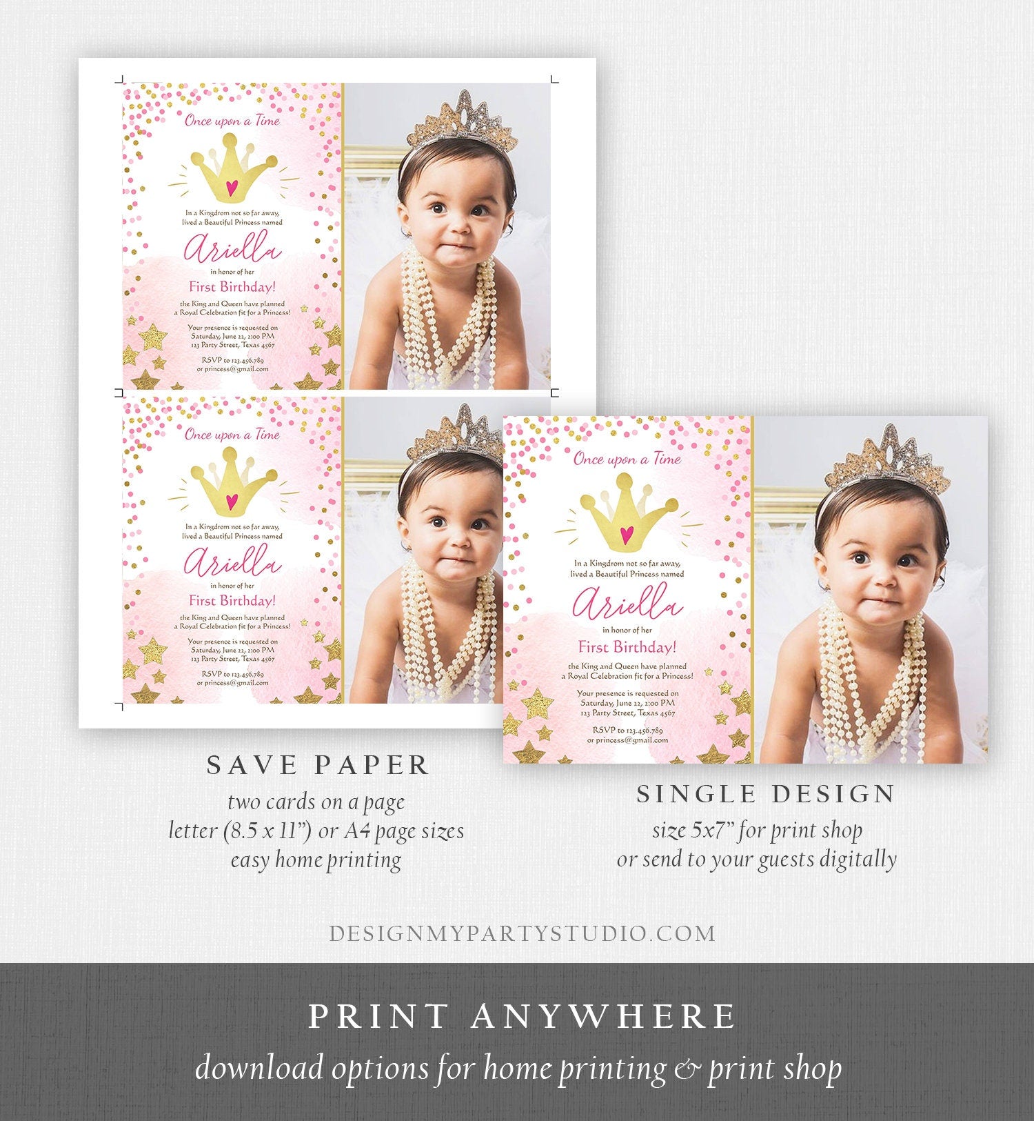 Editable Princesses Birthday Invitation Pink Gold Glitter Confetti Crown Princess First Birthday 1st Download Corjl Template Printable 0232