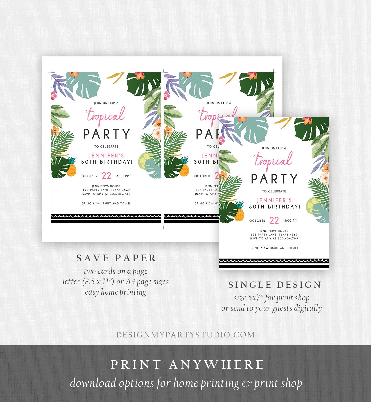 Editable Tropical Birthday Invitation Tropical Party Adult 30th 40th Birthday Pink Woman Palm Leaves Hawaiian Printable Template Corjl 0183