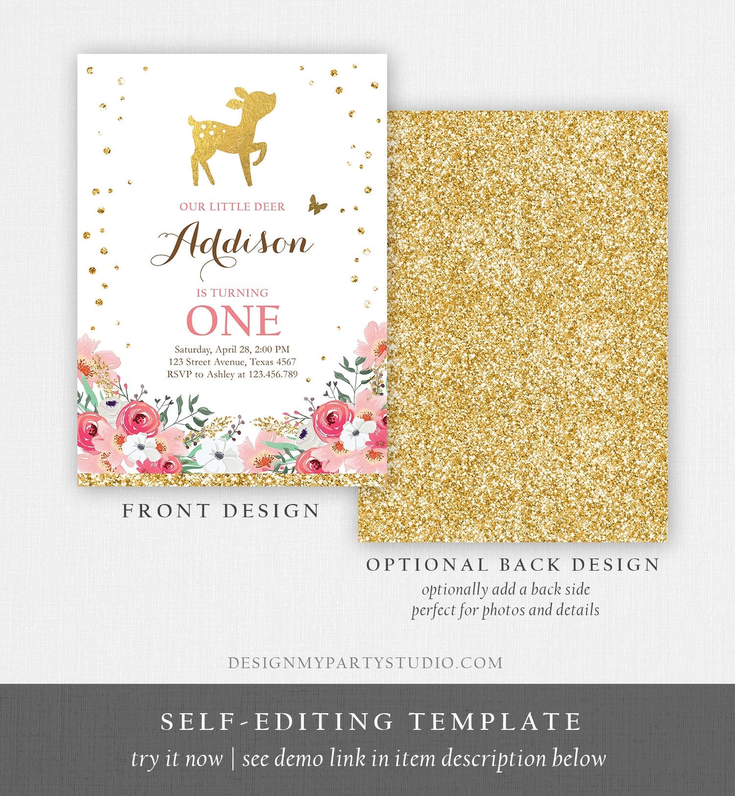 Editable Little Deer Birthday Invitation Pink Gold Girl First Birthday 1st Antler Woodland Digital Download Corjl Template Printable 0060