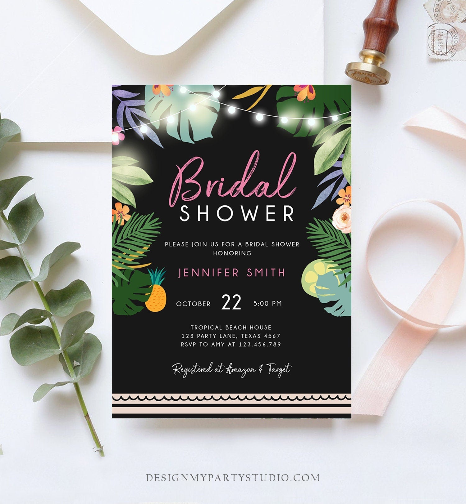 Editable Tropical Bridal Shower Invitation Wedding Aloha Coed Shower Party Luau Palm Hawaiian Leaves Beach Corjl Template Printable 0183