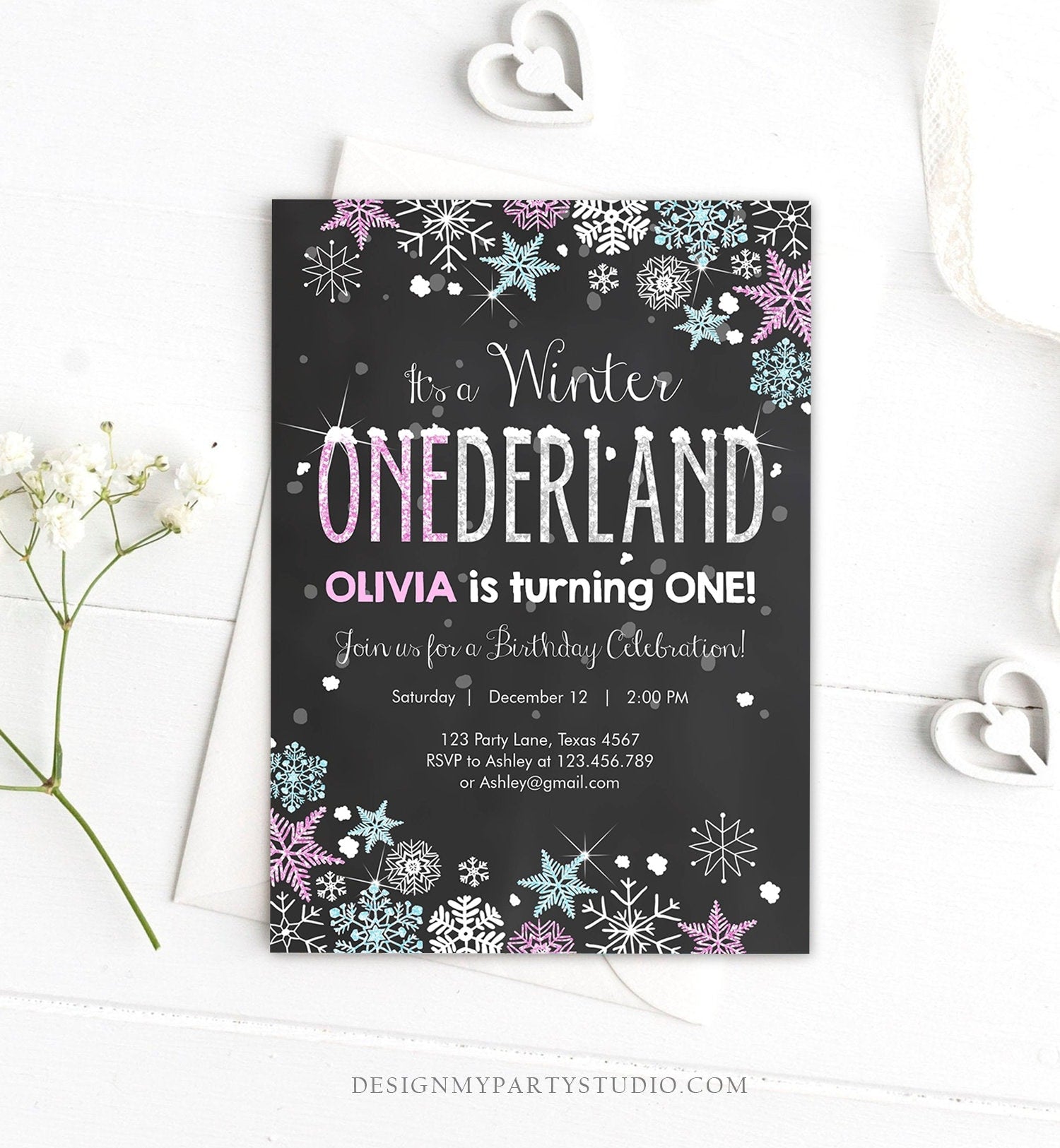 Editable Winter ONEderland Birthday Invitation Pink Girl First Birthday 1st Winter Little Snowflake Mint Blue Corjl Template Printable 0033