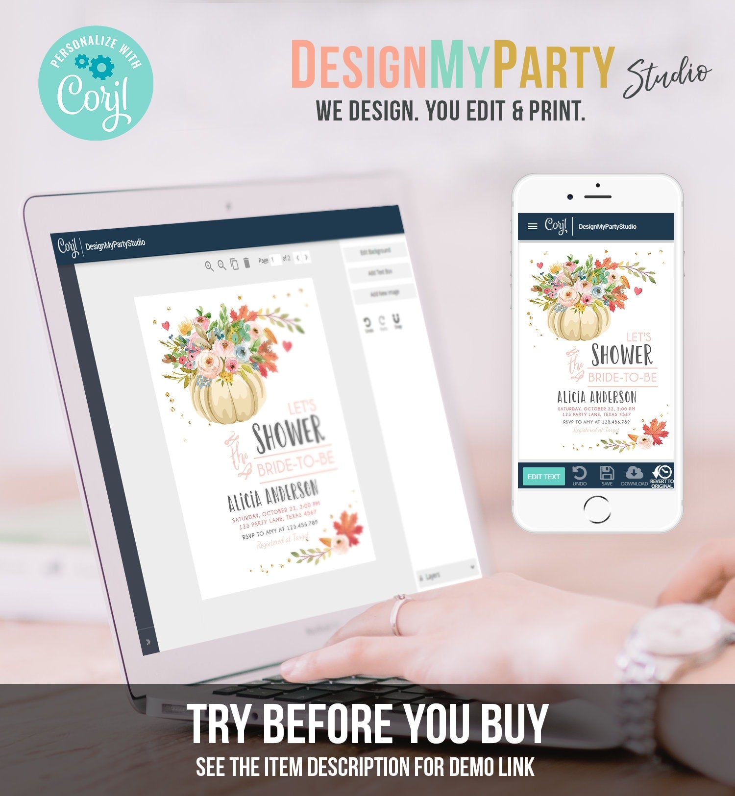 Editable Pumpkin Bridal Shower Invitation Burgundy Autumn Rustic Gold Navy Orange Floral Fall in Love Printable Corjl Template 0178