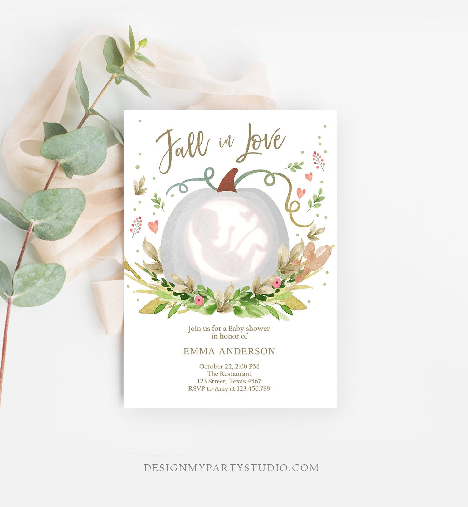 Editable Fall in Love Pumpkin Baby Shower Rustic Fall Rustic Gender Neutral Floral Shower Autumn Printable Template Corjl Digital 0174