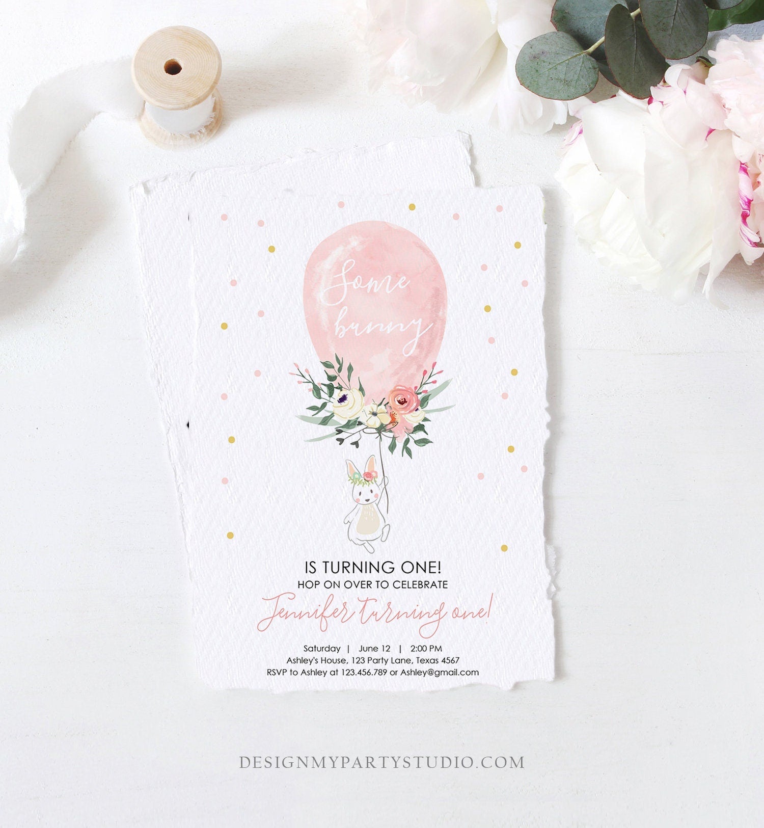 Editable Some Bunny Birthday Invitation Balloon Girl First Birthday 1st Party Floral Pink Gold Download Corjl Template Printable 0221