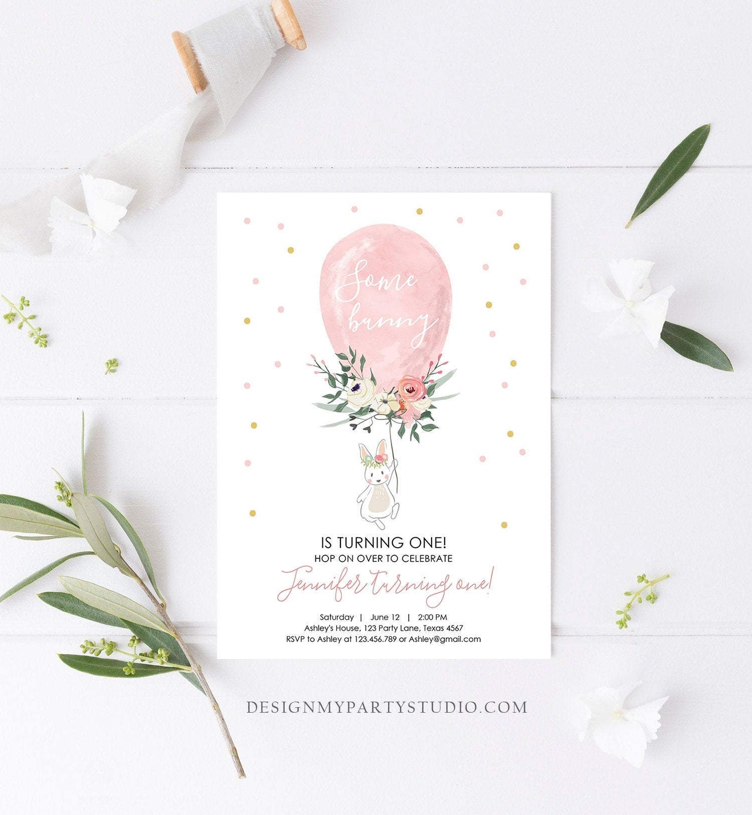 Editable Some Bunny Birthday Invitation Balloon Girl First Birthday 1st Party Floral Pink Gold Download Corjl Template Printable 0221