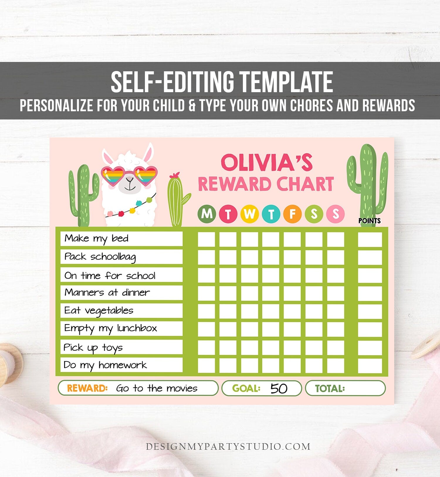 Editable Kids Chore Chart Reward Chart Llama for Kids Chores Responsibility Chart Girl Fillable Chore Chart Printable Template Corjl 0079