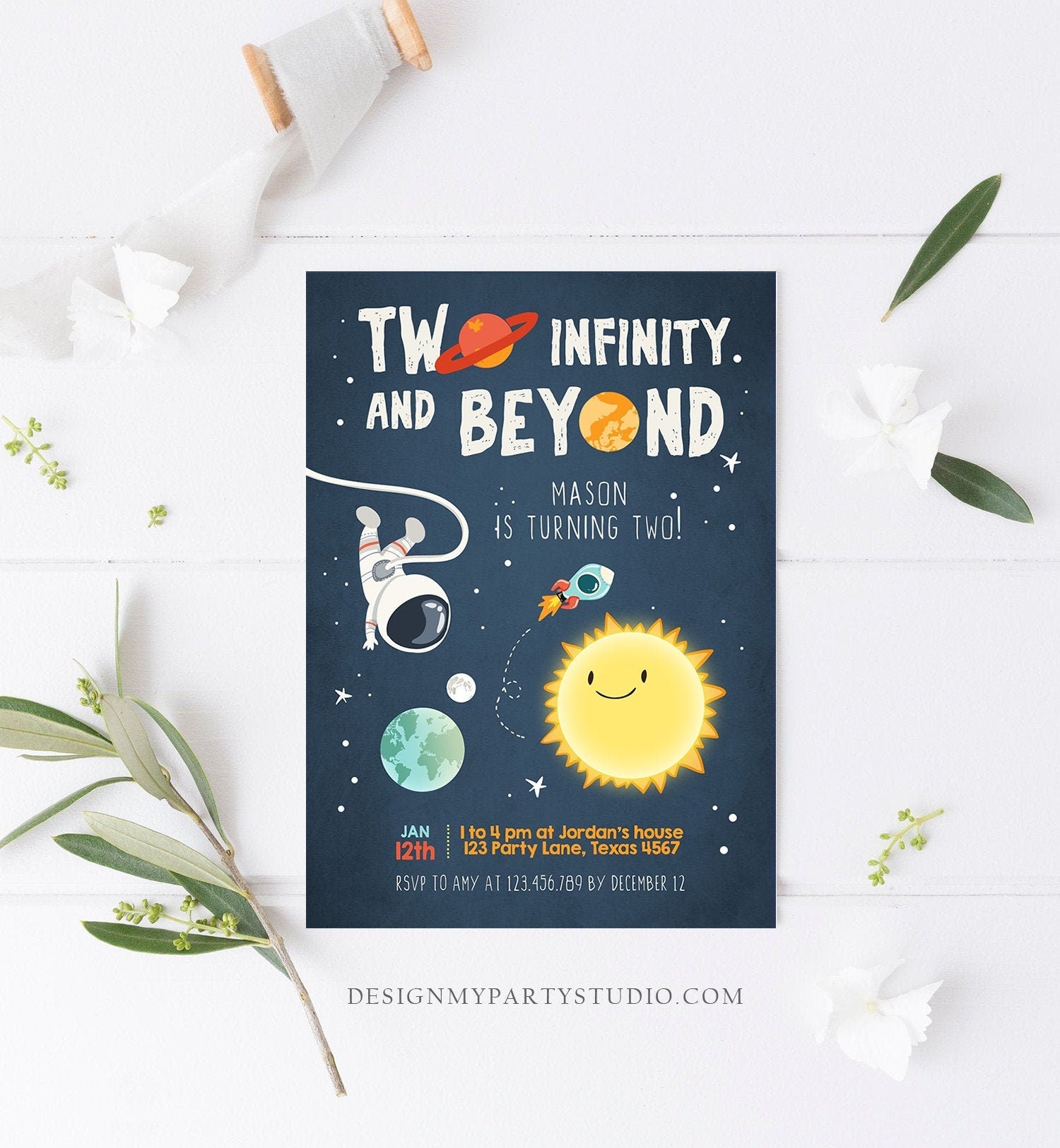 Editable Outer Space Birthday Invitation Two Infinity and Beyond Birthday Astronaut Rocket Download Printable Template Digital Corjl 0046