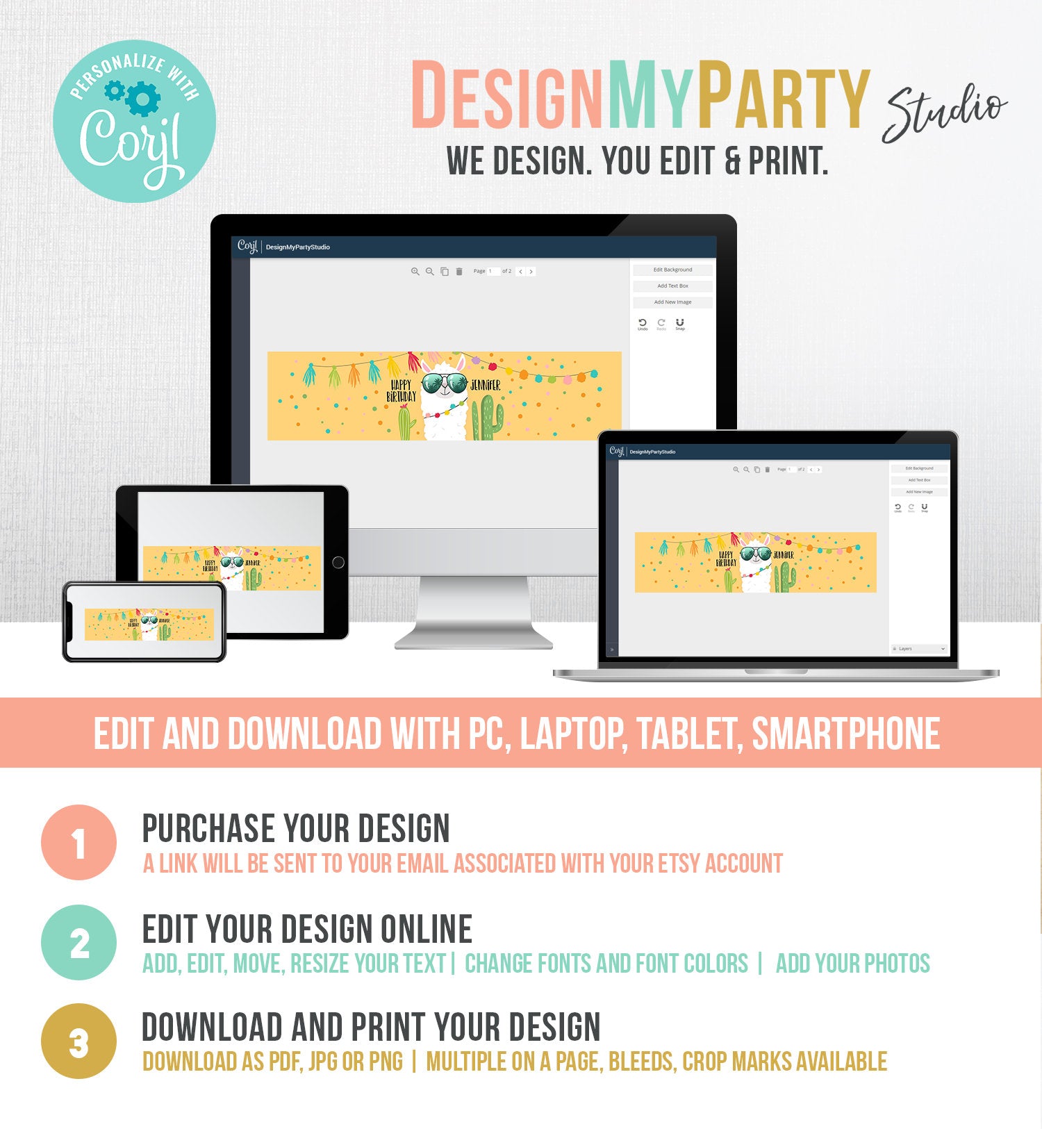 Editable Water Bottle Labels Llama Birthday Cactus Yellow Succulent Fiesta Mexican Printable Bottle Labels Printable Template Corjl 0079