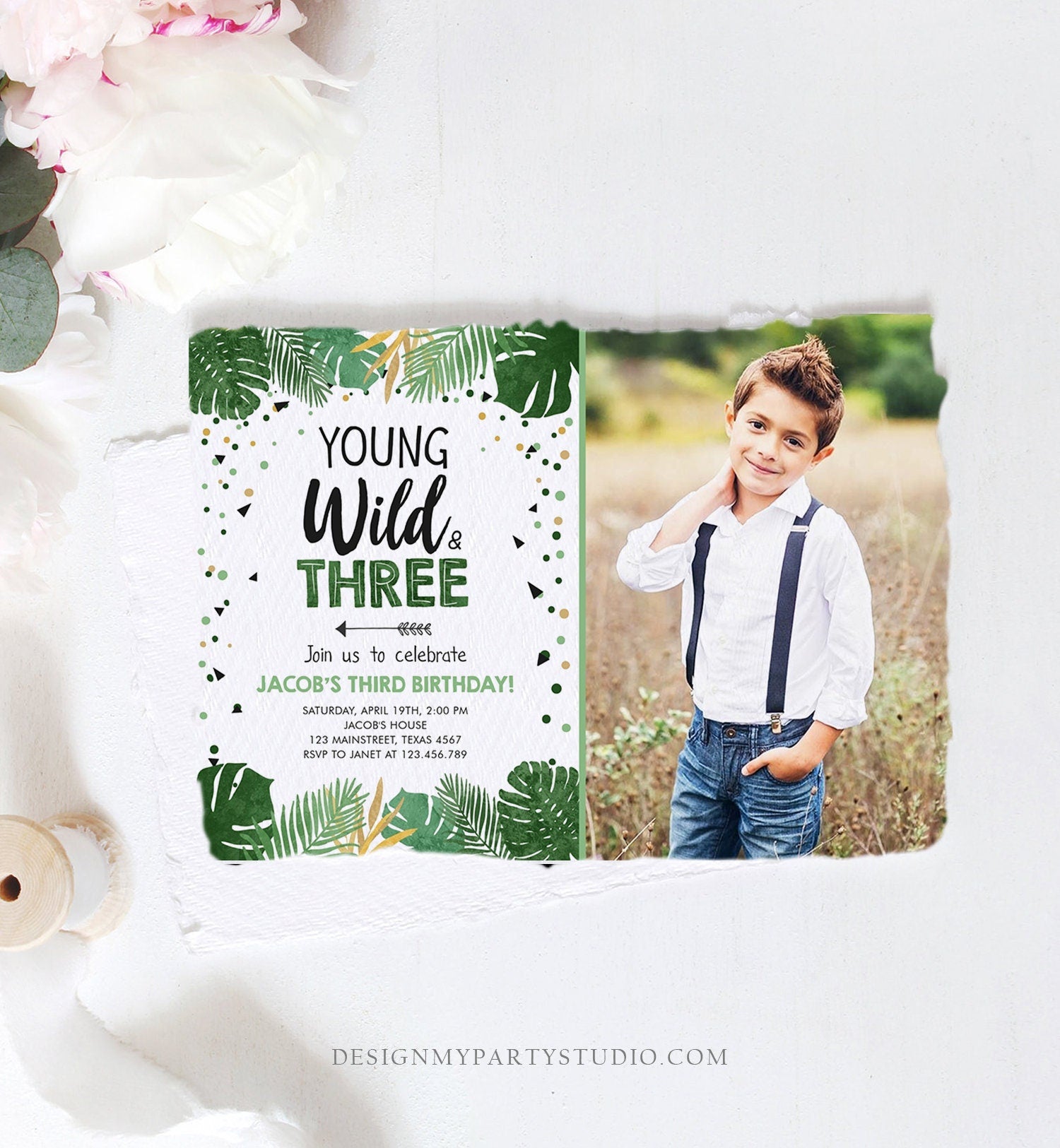 Editable Young Wild and Three Birthday Invitation Safari Tropical Party 3rd Third Birthday Boy Gold Download Printable Corjl Template 0332