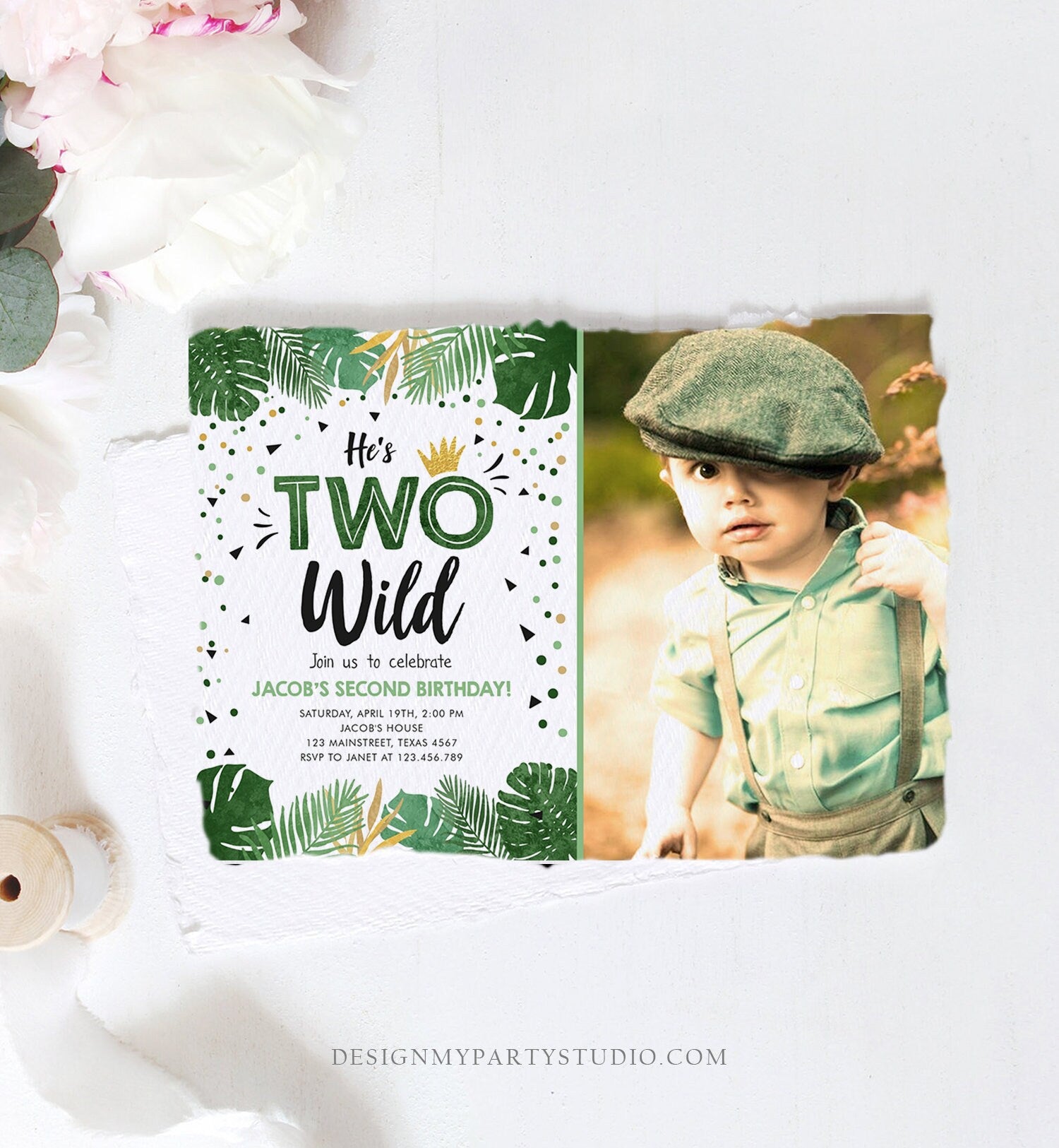 Editable Two Wild Birthday Invitation Boy Tropical Safari Boy Gold Jungle Second Birthday 2nd Download Corjl Template Printable 0332