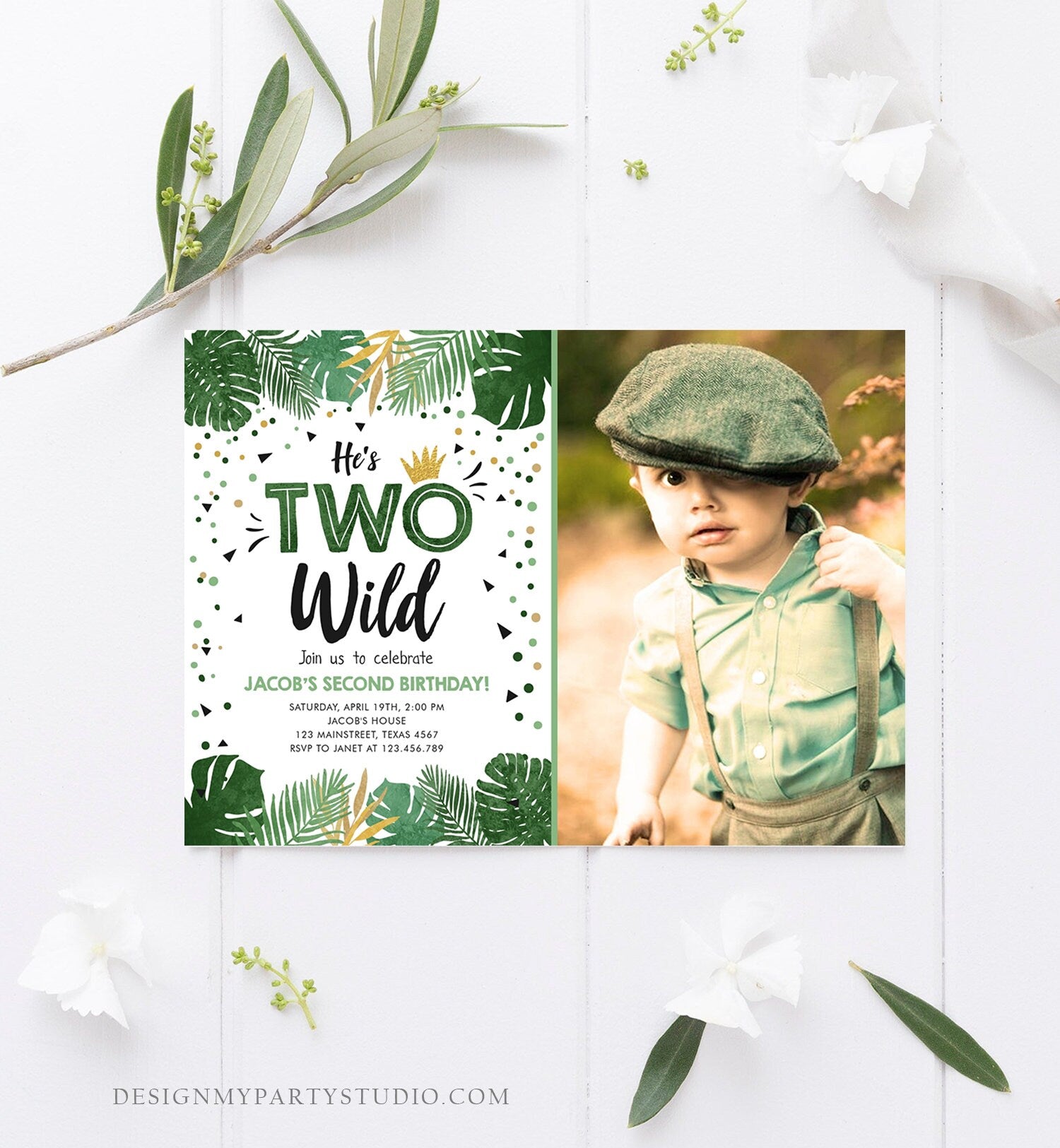 Editable Two Wild Birthday Invitation Boy Tropical Safari Boy Gold Jungle Second Birthday 2nd Download Corjl Template Printable 0332