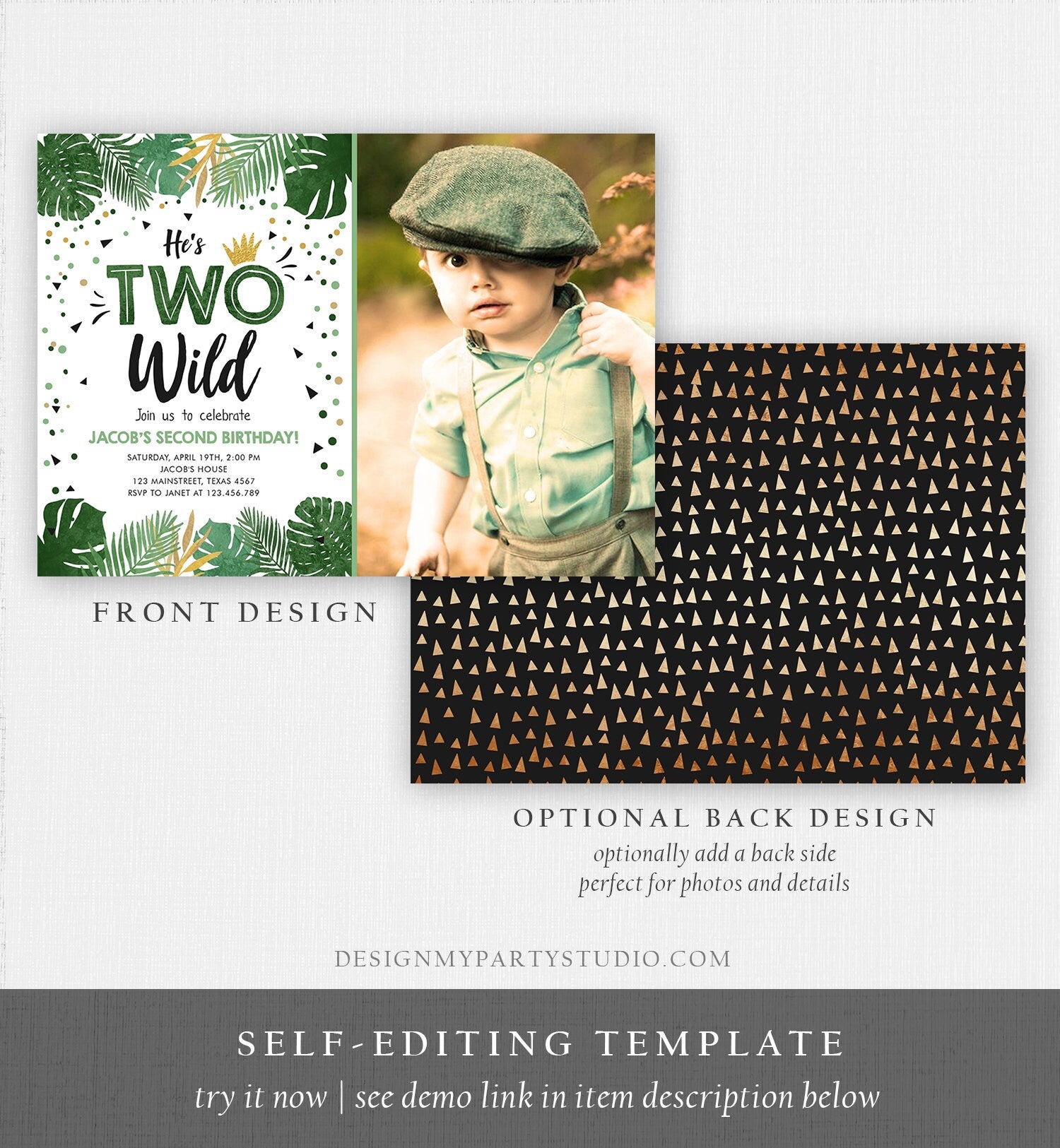 Editable Two Wild Birthday Invitation Boy Tropical Safari Boy Gold Jungle Second Birthday 2nd Download Corjl Template Printable 0332
