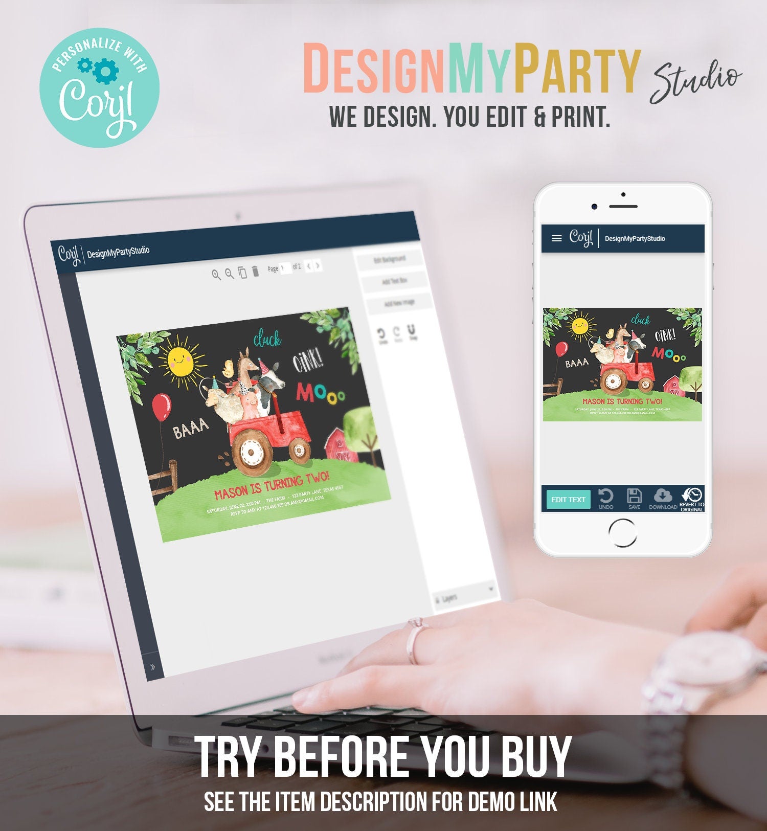 Editable Farm Birthday Invitation Boy Farm Animals Red Tractor Leaves Barnyard Party Cow Pig Download Printable Template Digital Corjl 0155