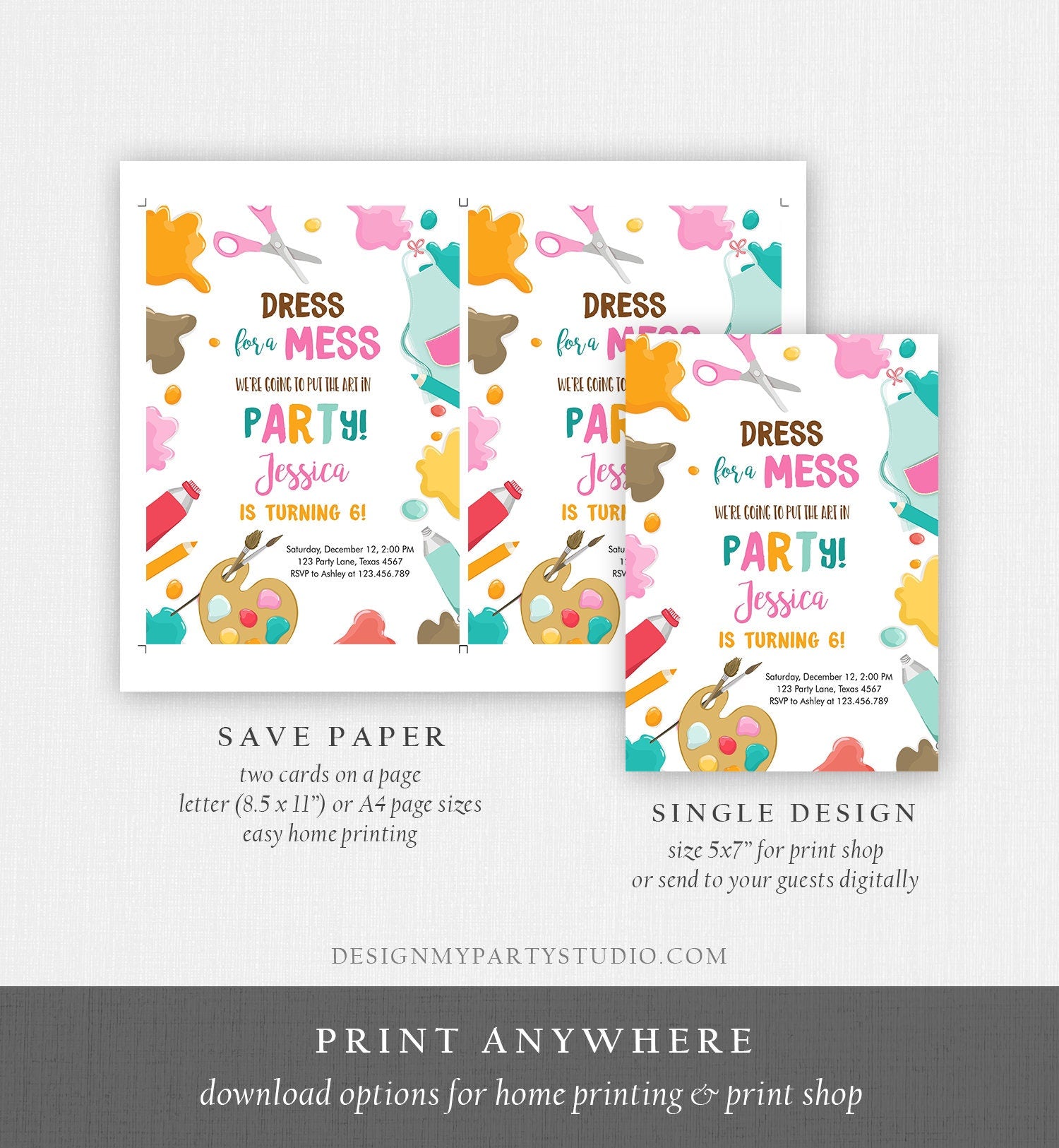 Editable Painting Party Invitation Art Party Birthday Invite Girl Pink Paint Craft Party Download Printable Template Digital Corjl 0319