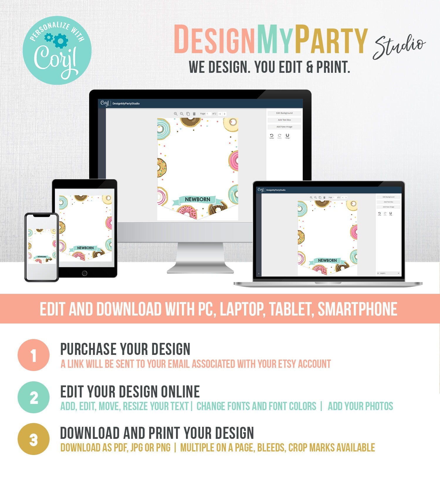 Editable Donut First Birthday Banner Girl Monthly Photo Banner Doughnut Bash Birthday Decor Pink Teal Download Corjl Template Printable 0050