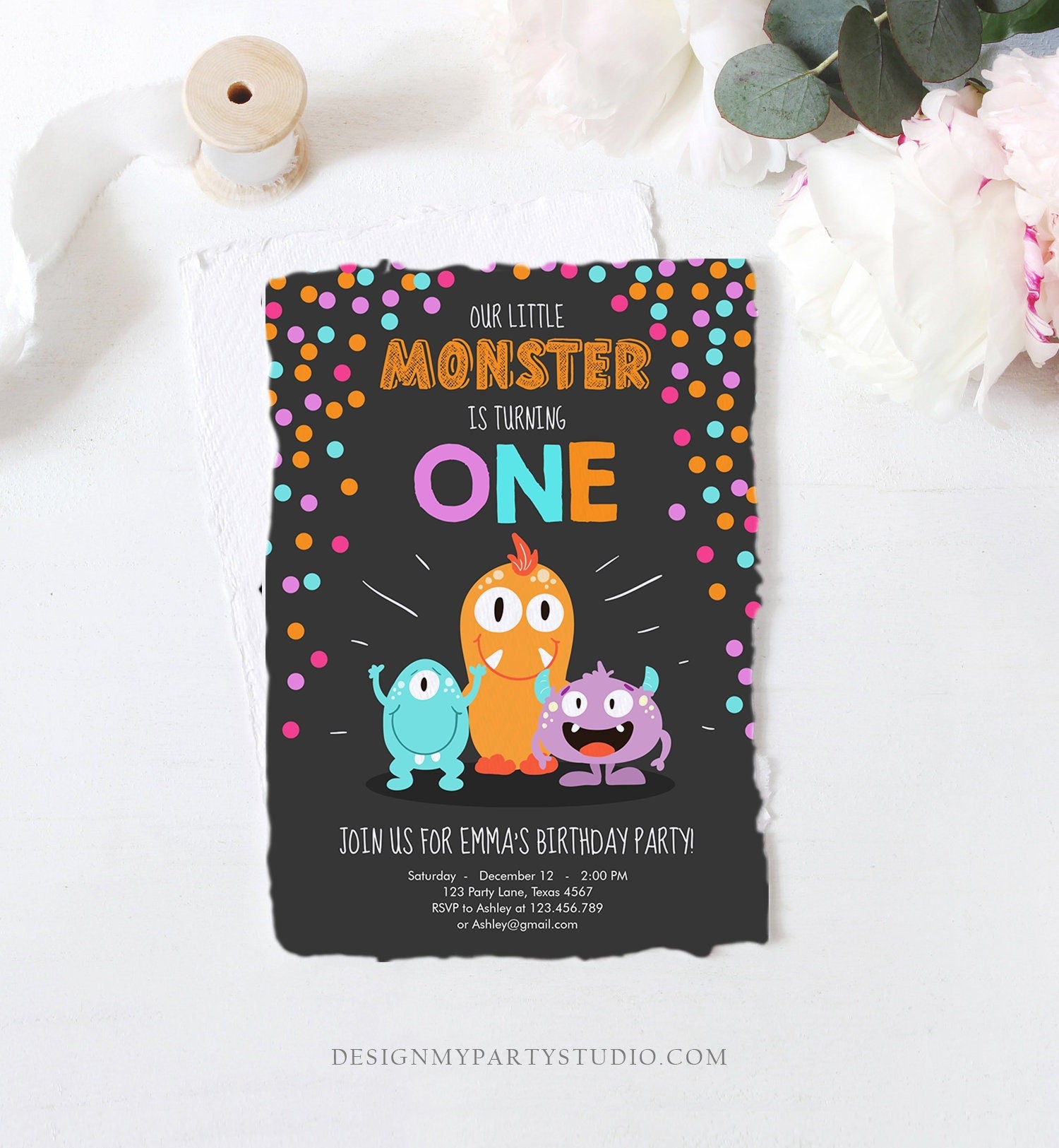 Editable Little Monster Birthday Invitation First Birthday Party Monsters Girl Confetti 1st Pink Purple One Printable Corjl Template 0058