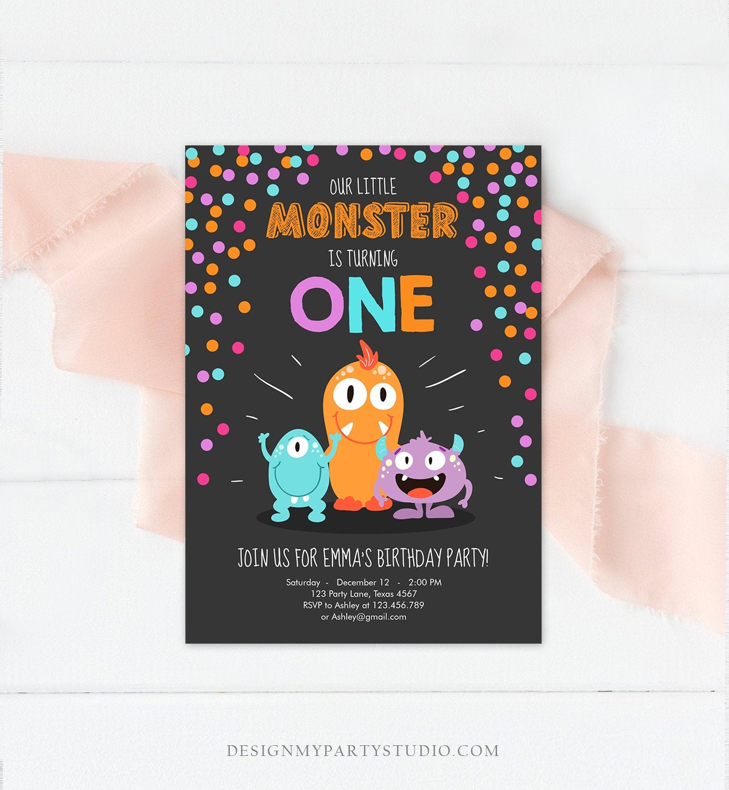 Editable Little Monster Birthday Invitation First Birthday Party Monsters Girl Confetti 1st Pink Purple One Printable Corjl Template 0058