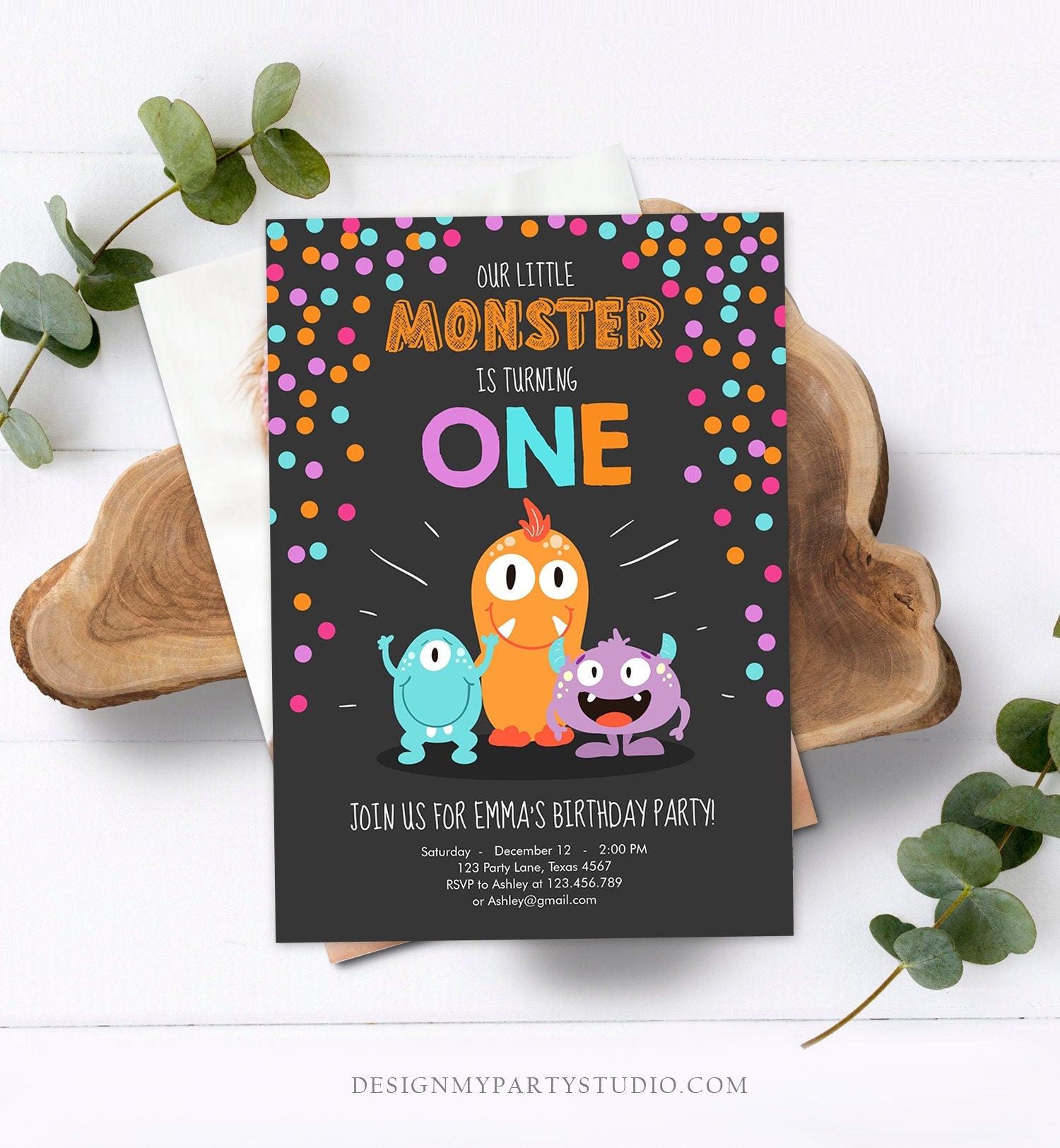 Editable Little Monster Birthday Invitation First Birthday Party Monsters Girl Confetti 1st Pink Purple One Printable Corjl Template 0058