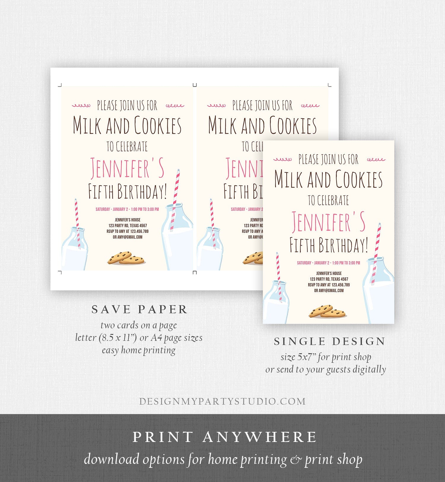 Editable Milk and Cookies Birthday Invitation Milk & Cookies Party Girl Pink Sweet Chocolate Chip Cookie Corjl Template Printable 0088