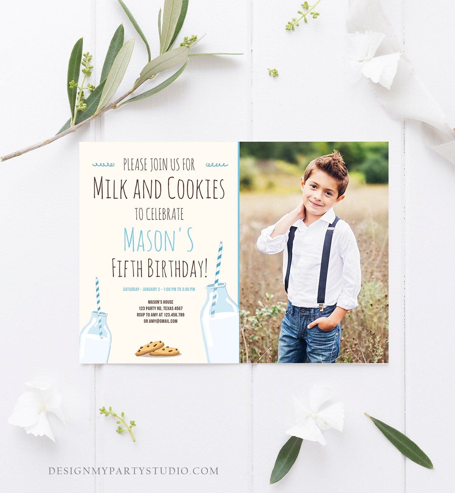 Editable Milk and Cookies Birthday Invitation Milk & Cookies Party Boy Blue Sweet Chocolate Chip Cookie Corjl Template Printable 0088