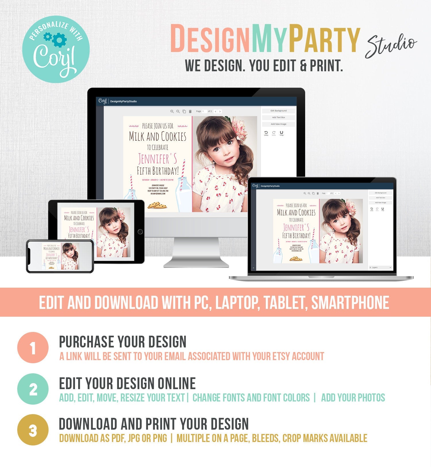 Editable Milk and Cookies Birthday Invitation Milk & Cookies Party Girl Pink Sweet Chocolate Chip Cookie Corjl Template Printable 0088