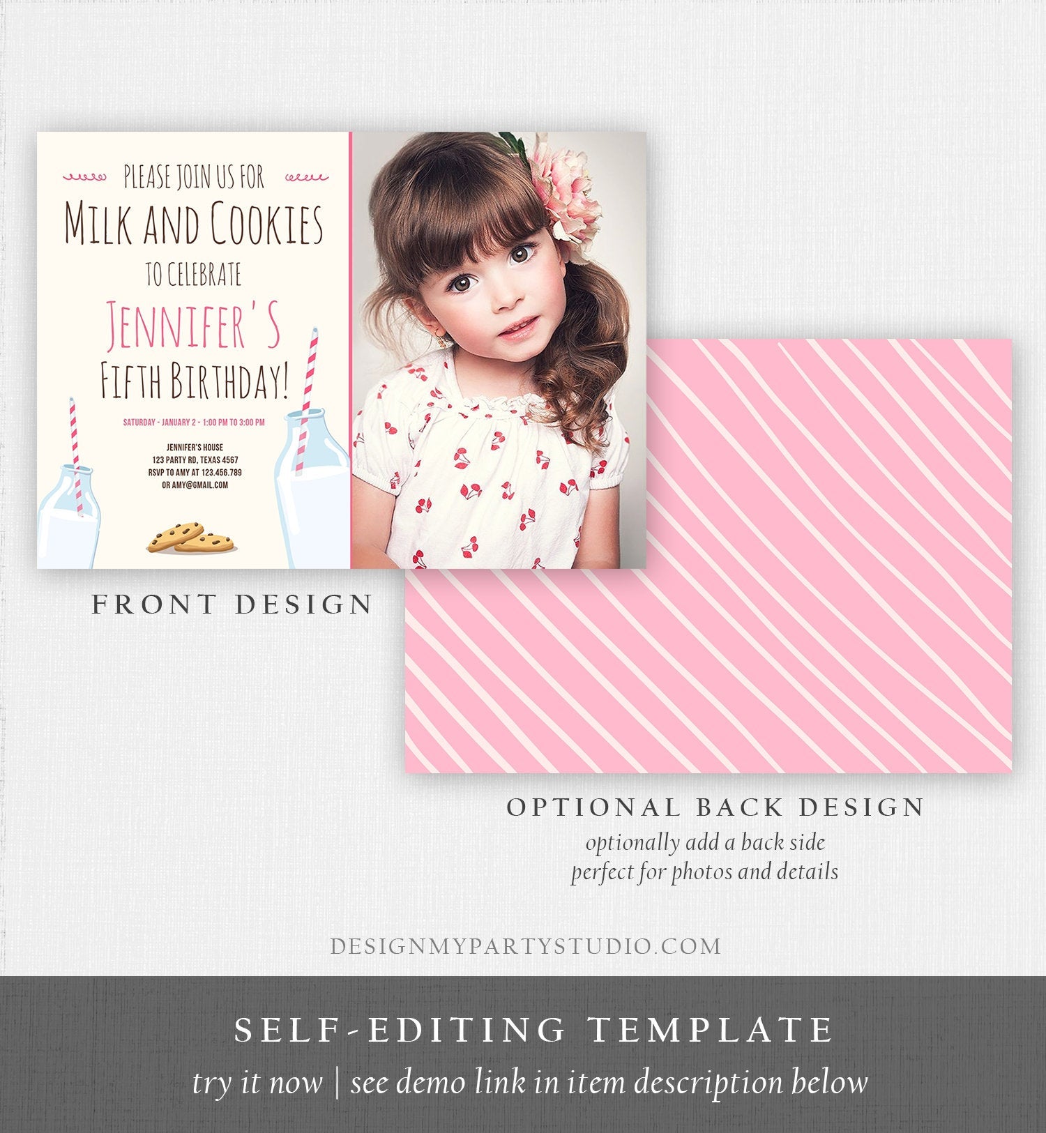 Editable Milk and Cookies Birthday Invitation Milk & Cookies Party Girl Pink Sweet Chocolate Chip Cookie Corjl Template Printable 0088