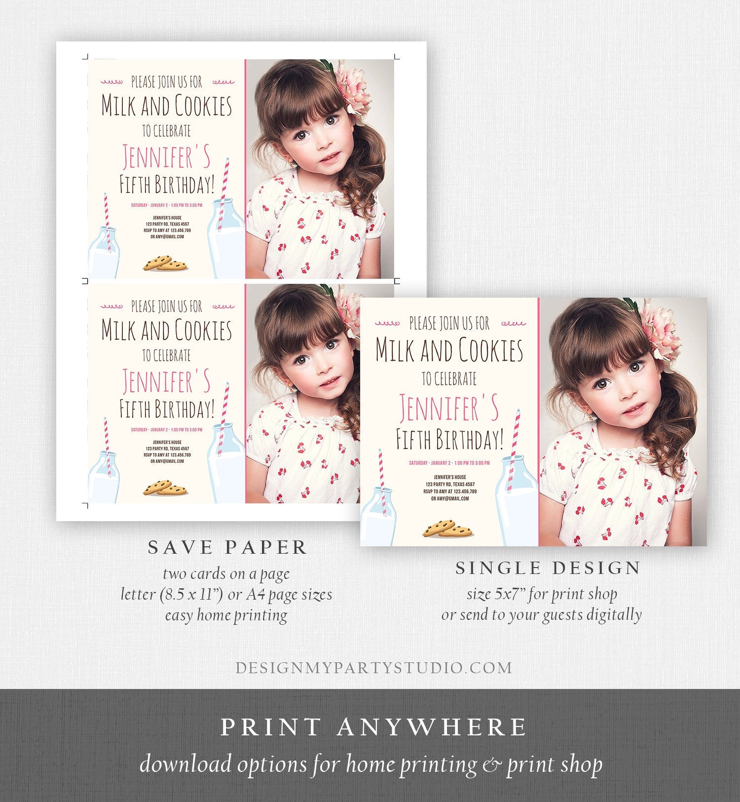 Editable Milk and Cookies Birthday Invitation Milk & Cookies Party Girl Pink Sweet Chocolate Chip Cookie Corjl Template Printable 0088