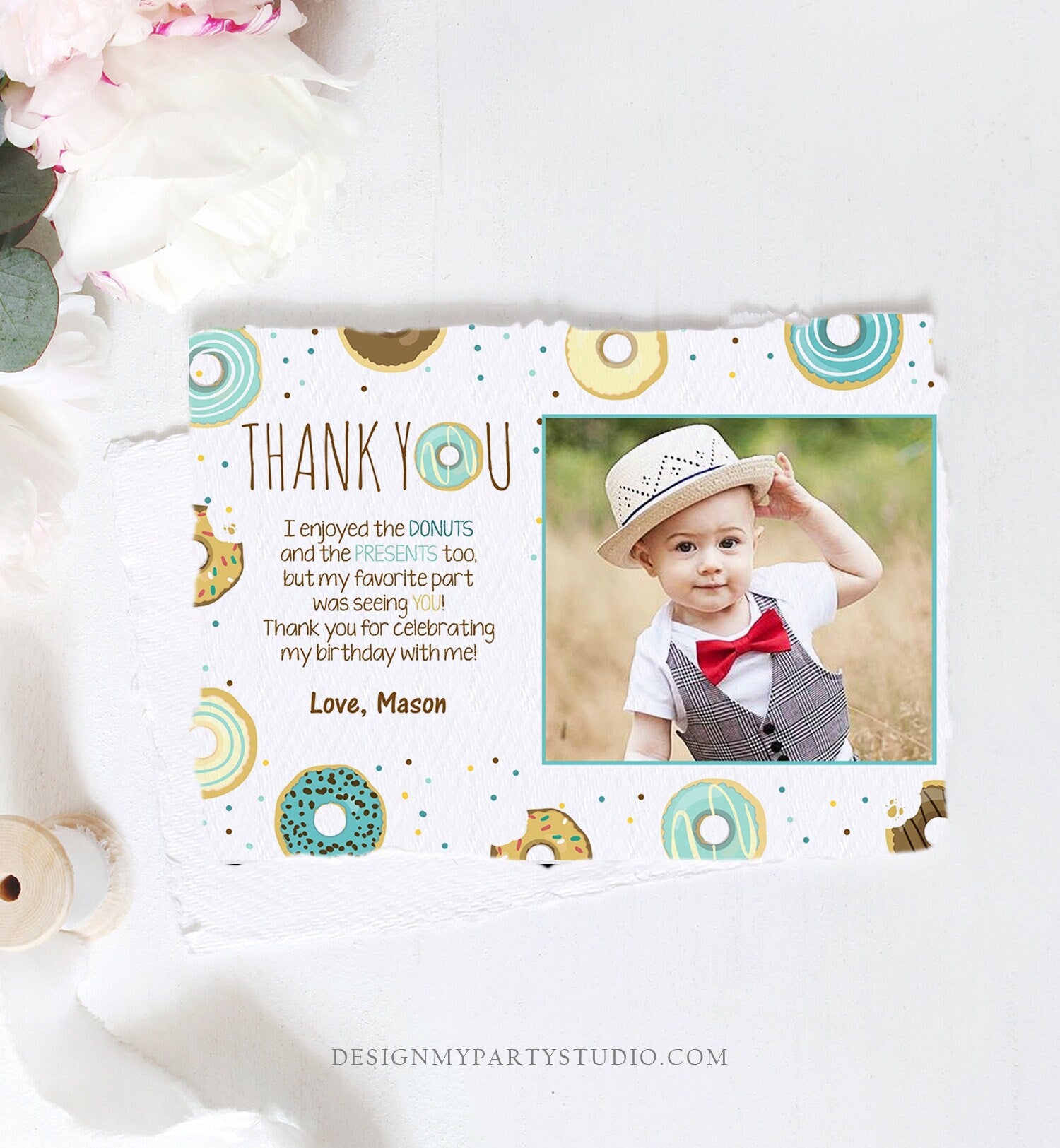 Editable Donut Thank You Card Note Blue Boy Birthday Party Doughnut Thank You Photo Sweet First Birthday 1st Corjl Template Printable 0050