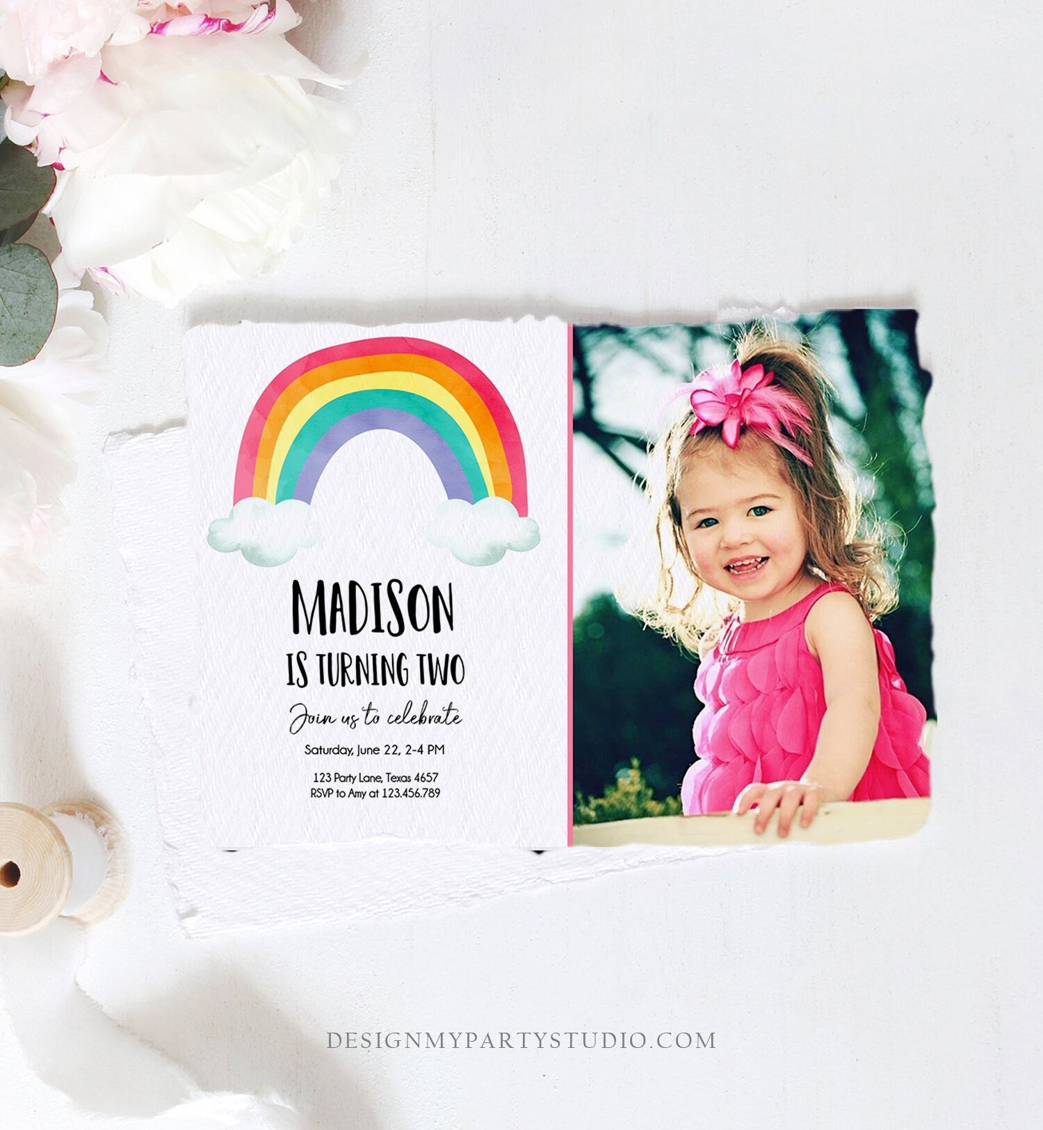 Editable Rainbow Birthday Invitation Kids Girl Boy Neutral Party Clouds Colorful Rainbow Colors Printable Corjl Template Digital 0272