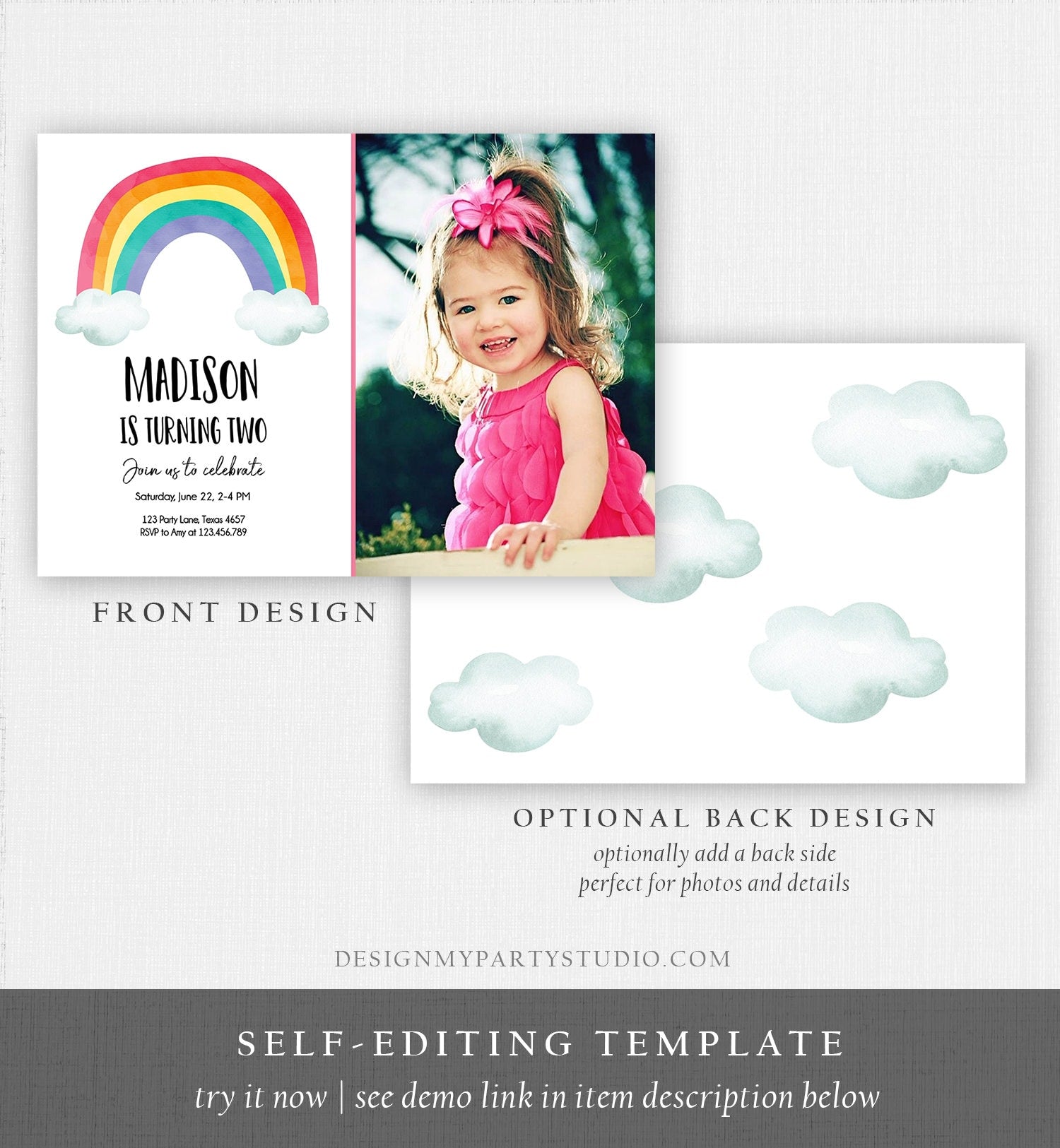 Editable Rainbow Birthday Invitation Kids Girl Boy Neutral Party Clouds Colorful Rainbow Colors Printable Corjl Template Digital 0272