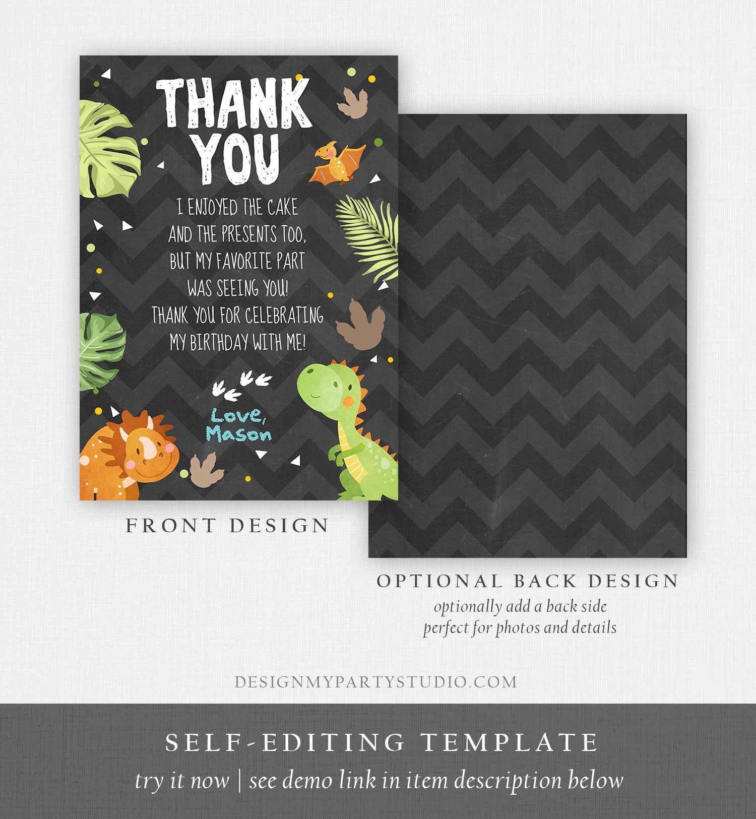 Editable Dinosaur Thank You Card Boy Prehistoric Dino Dig Party T-Rex Fossil Foot Prints Digital Download Printable Template Corjl 0283