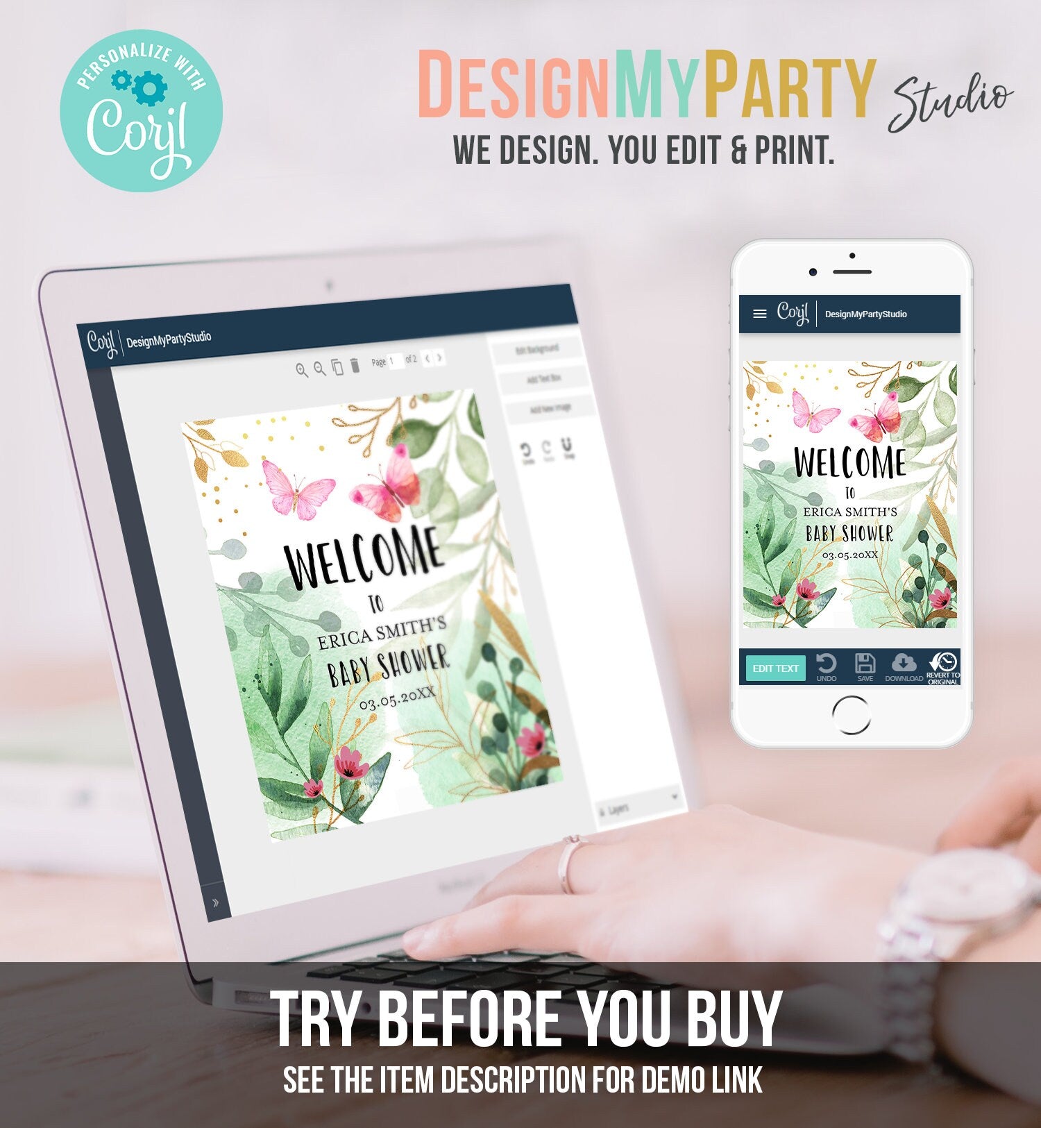 Editable Butterfly Welcome Sign Butterfly Baby Shower Spring Pink Gold Greenery Couples Shower Girl Table Sign Corjl Template Printable 0170