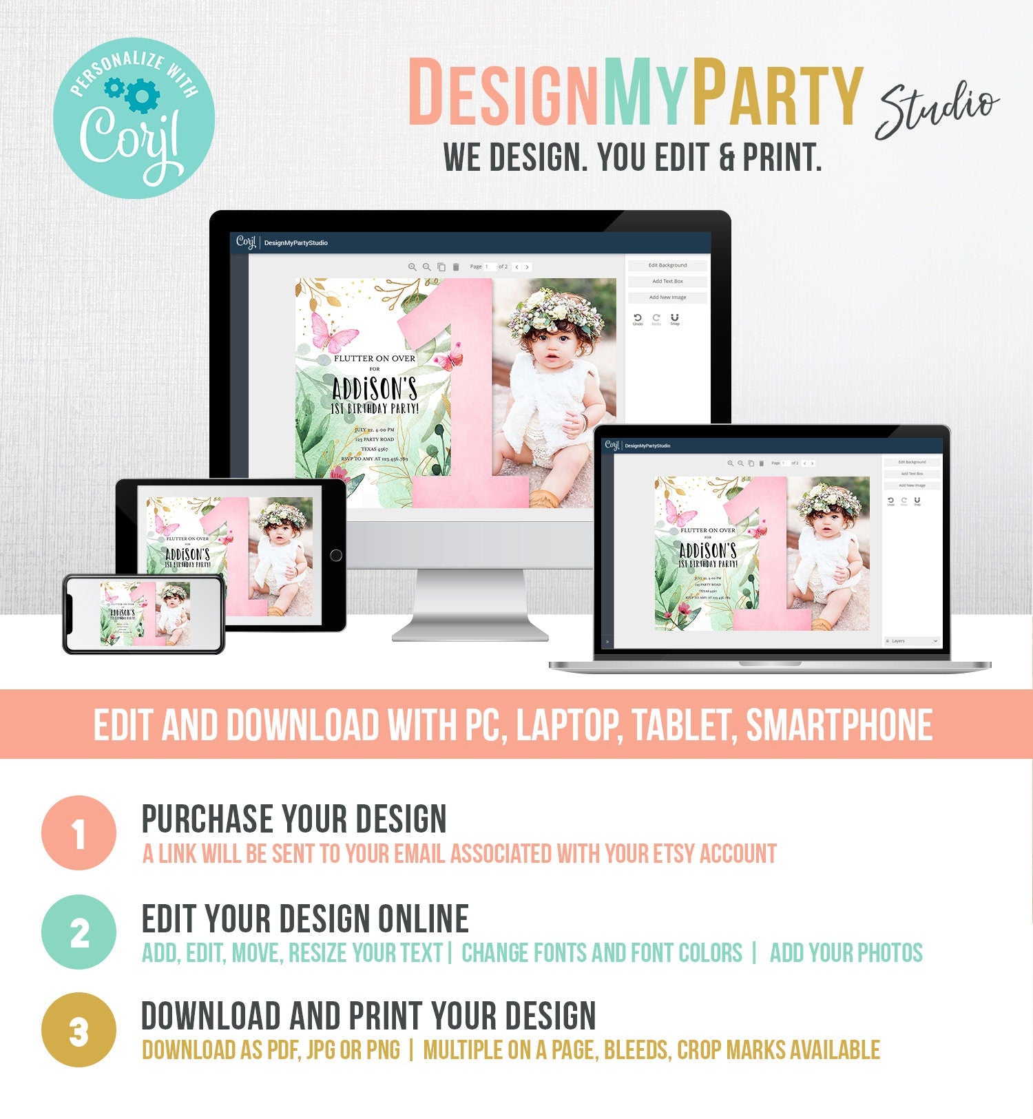 Editable Butterfly 1st Birthday Invitation Butterfly Invitation Garden Floral Flowers Pink Gold Girl Download Printable Template Corjl 0170