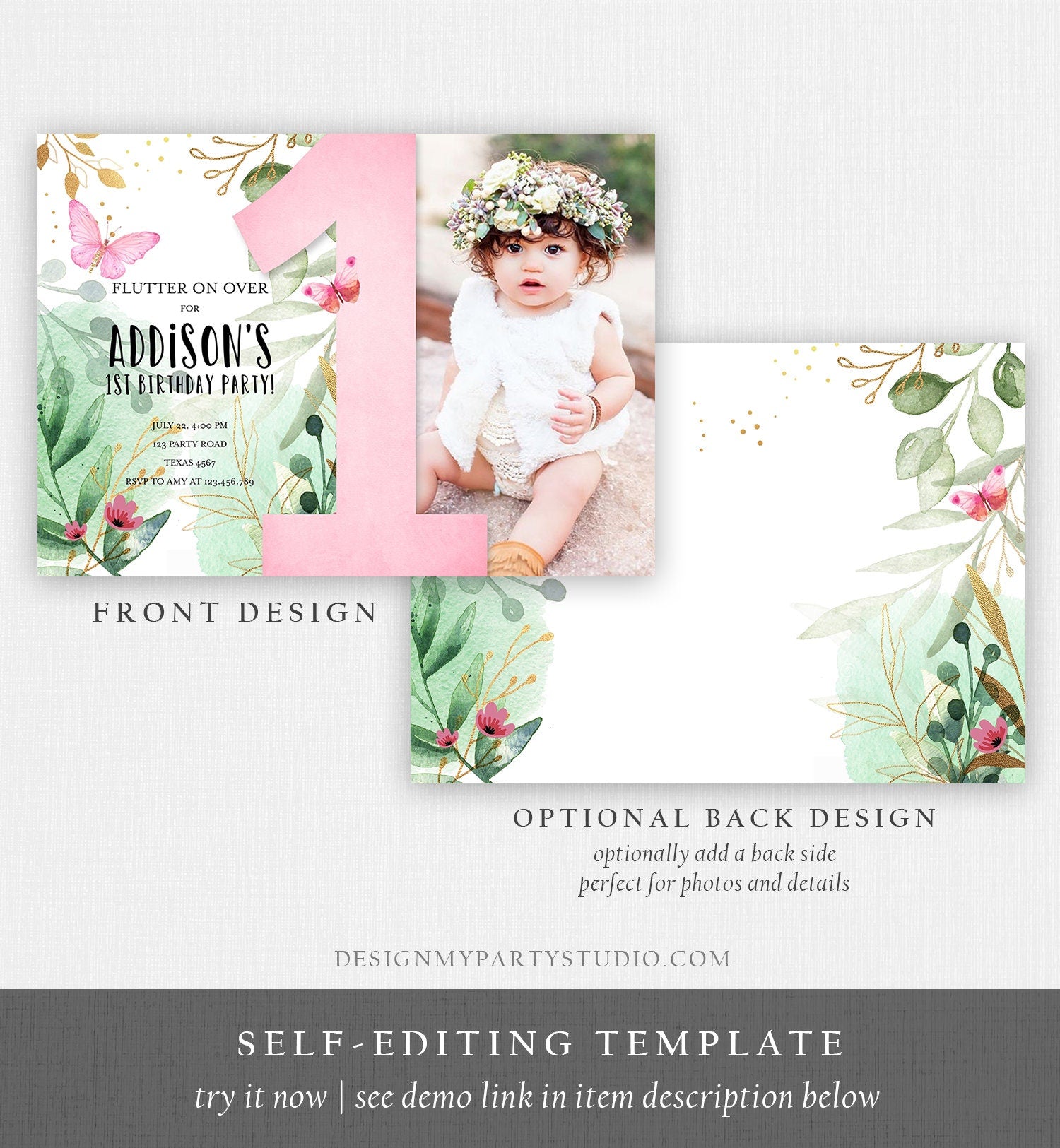 Editable Butterfly 1st Birthday Invitation Butterfly Invitation Garden Floral Flowers Pink Gold Girl Download Printable Template Corjl 0170