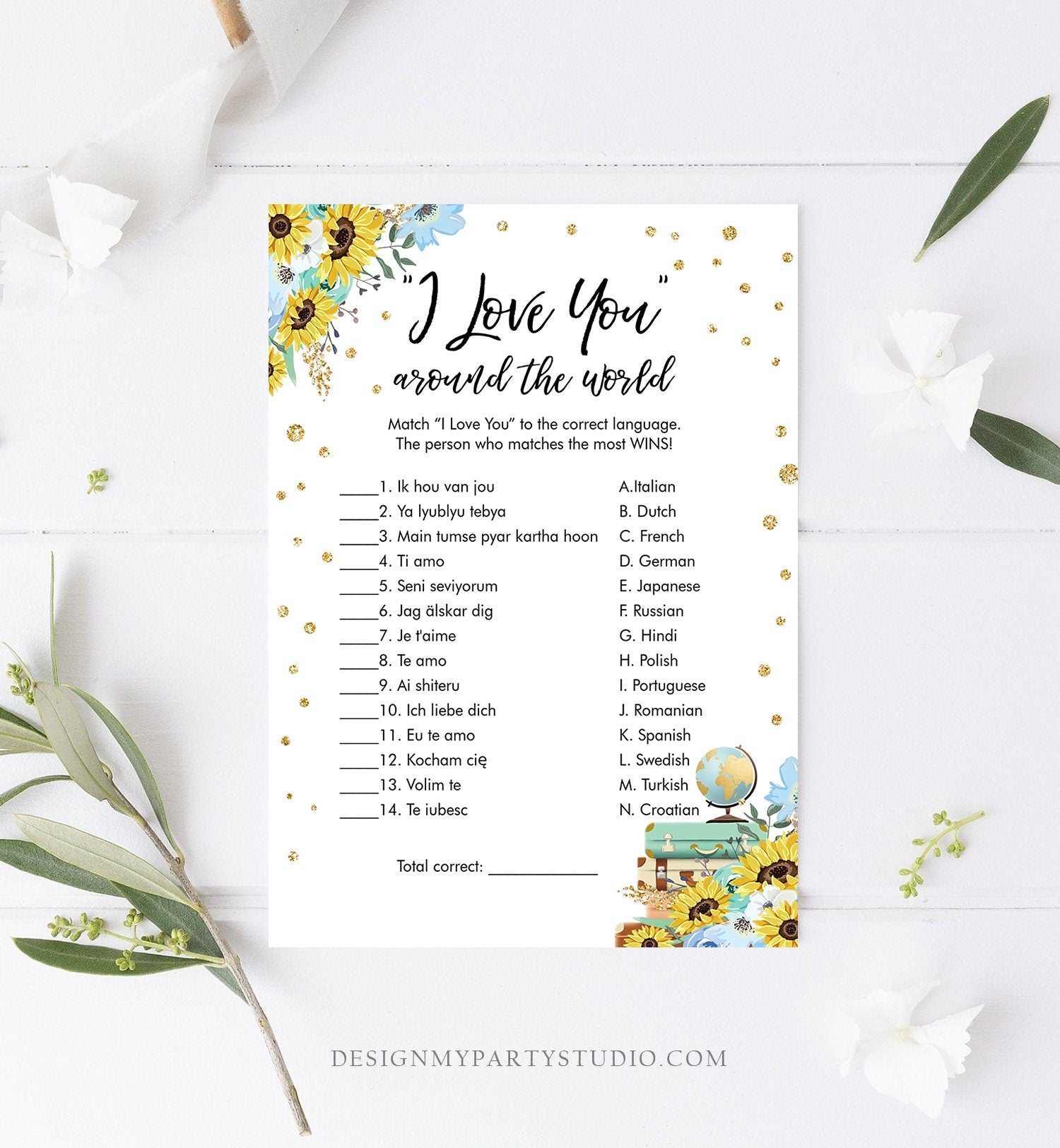 Editable Travel Bridal Shower Game I Love You Around the World Sunflowers Wedding Shower Activity Floral Corjl Template Printable 0030