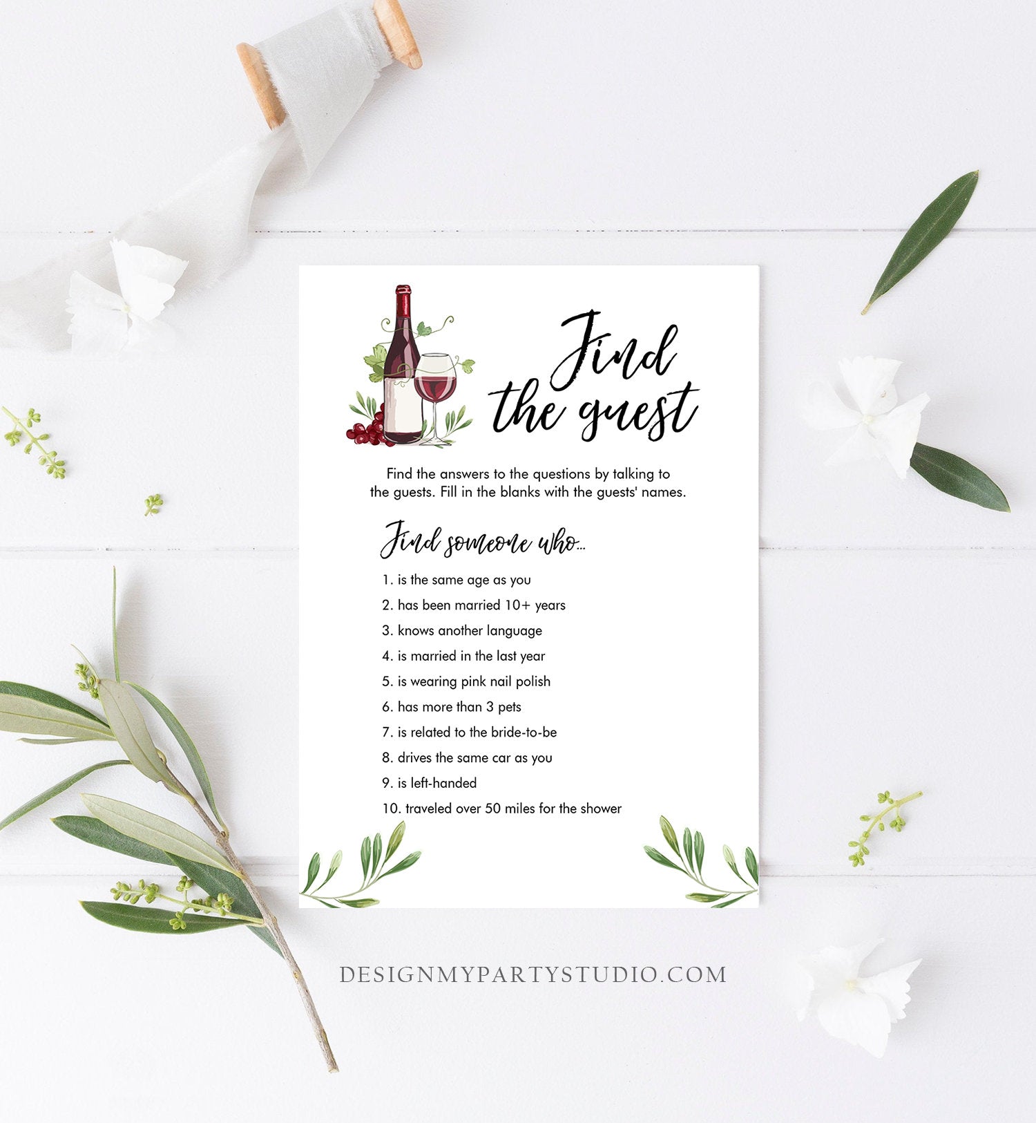 Editable Find the Guest Bridal Shower Game Wine Tasting Vineyard Grapes Wedding Shower Activity Download Corjl Template Printable 0234